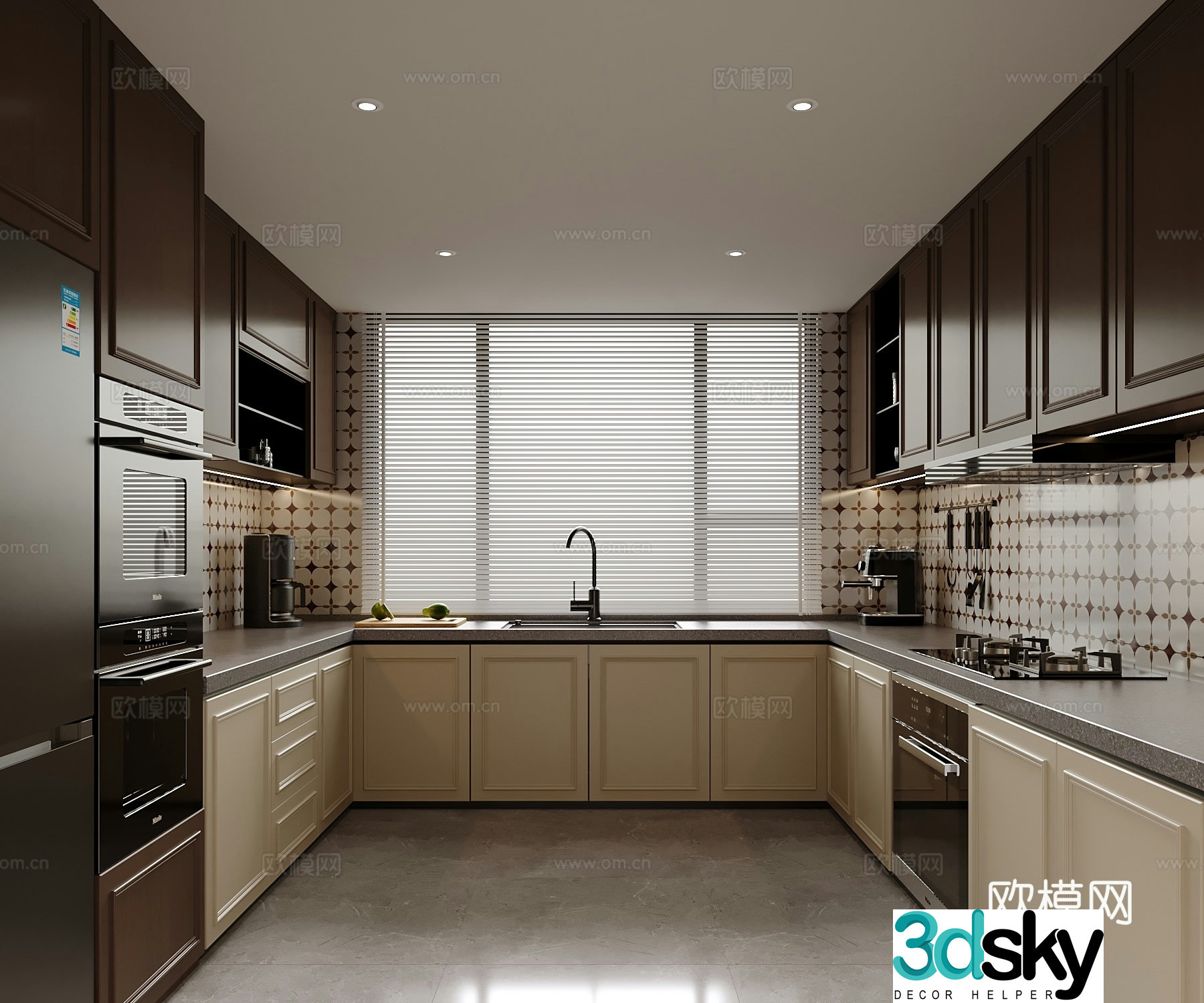 Middle style kitchen refrigerator range hood 3d model
