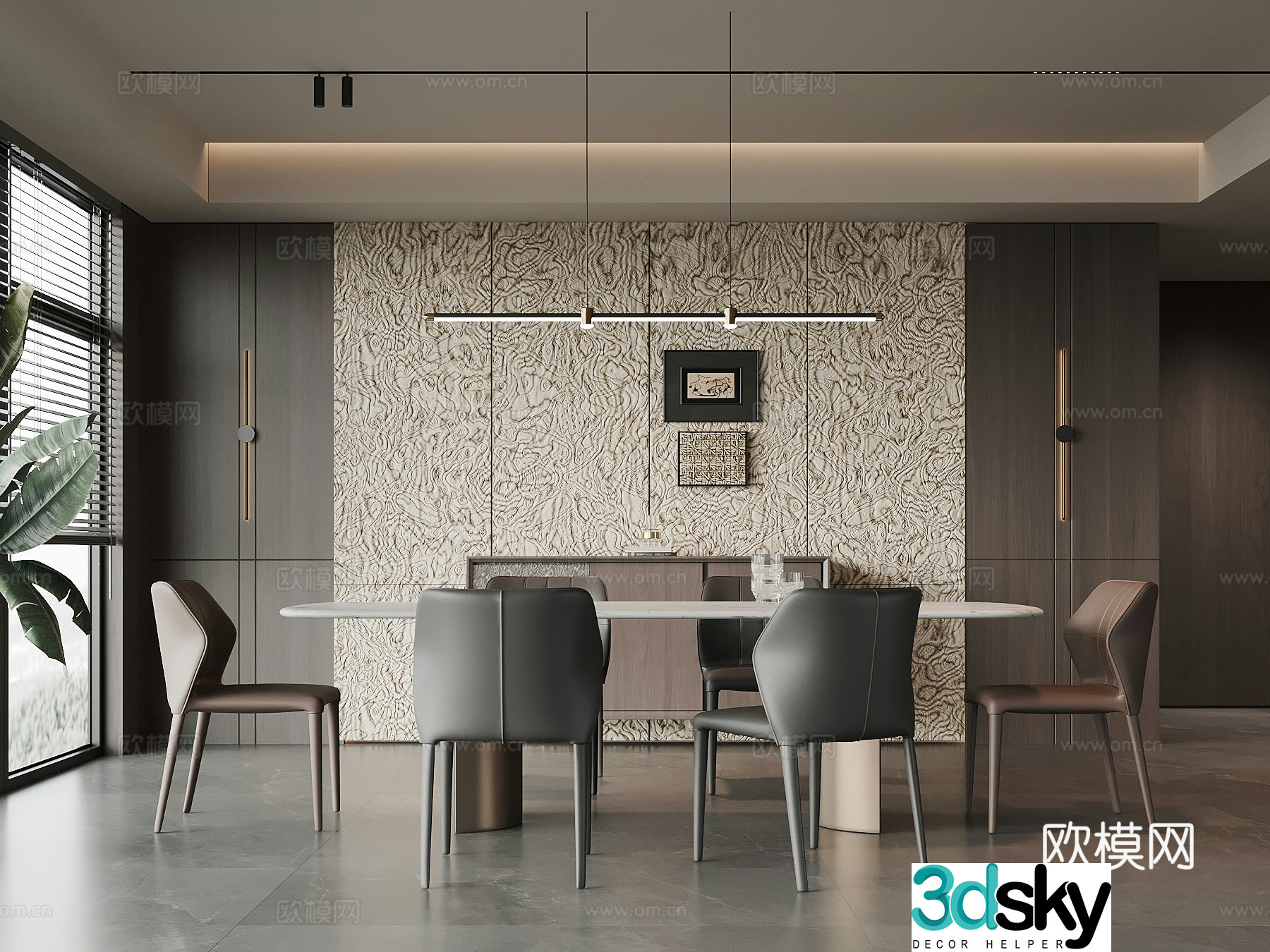 Modern Italian restaurant dining table and chair chandeliers 3d model