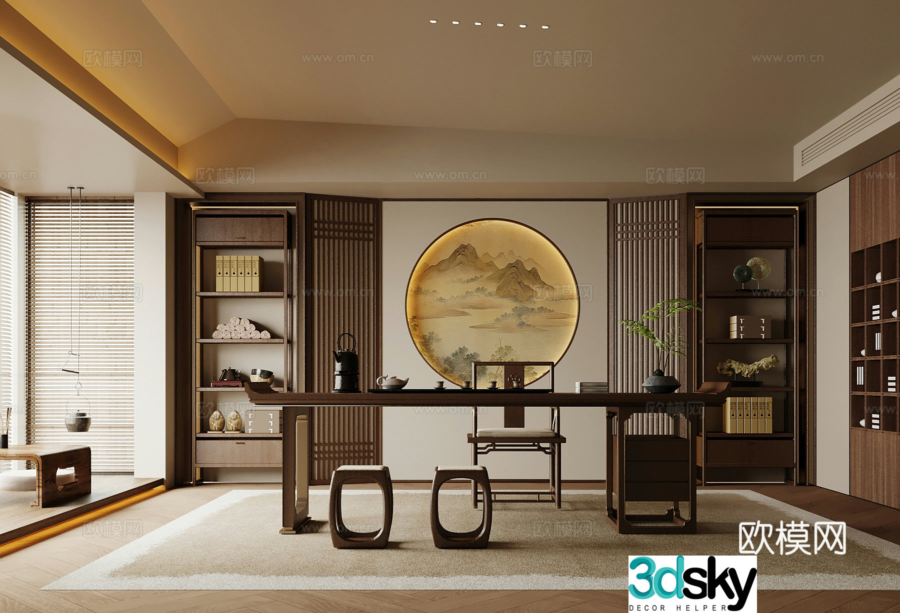 New Chinese-style tea room tea table and chair study room 3D model