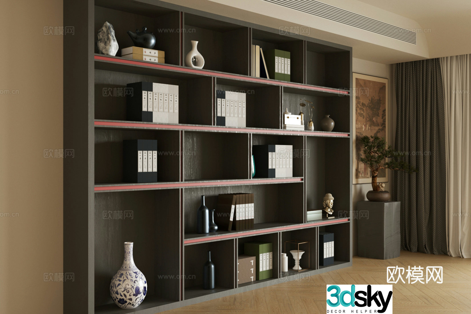 New Chinese-style log bookcase whole row of bookcases open bookcases medieval style bookcases storage cabinets 3D model