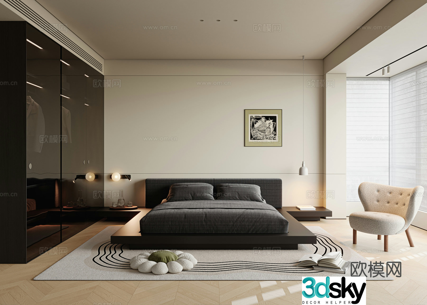 Wasabi minimalist bedroom master bedroom master light double bed small chandelier at the head of the bed 3D model