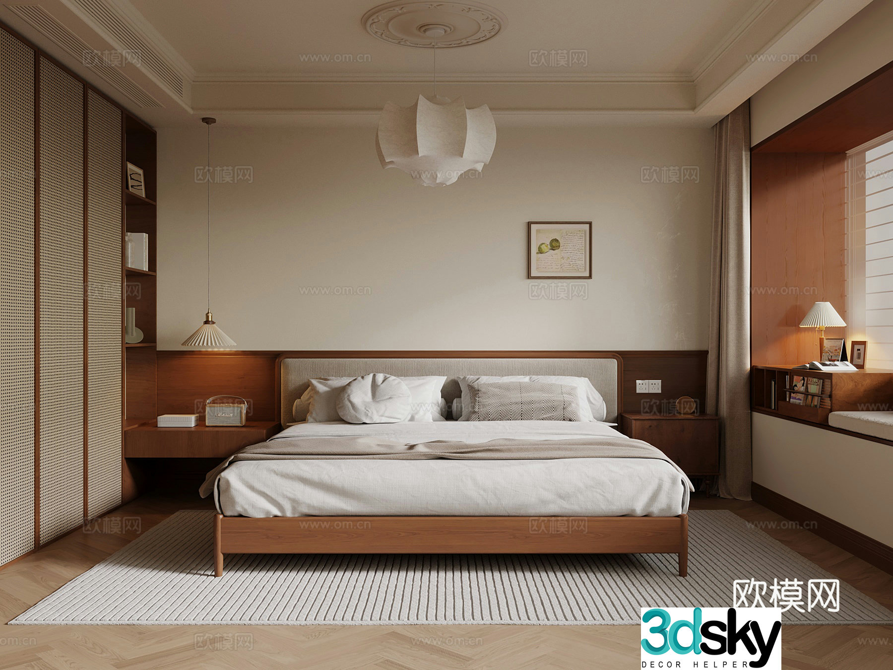 Middle style bedroom double bed wardrobe 3d model