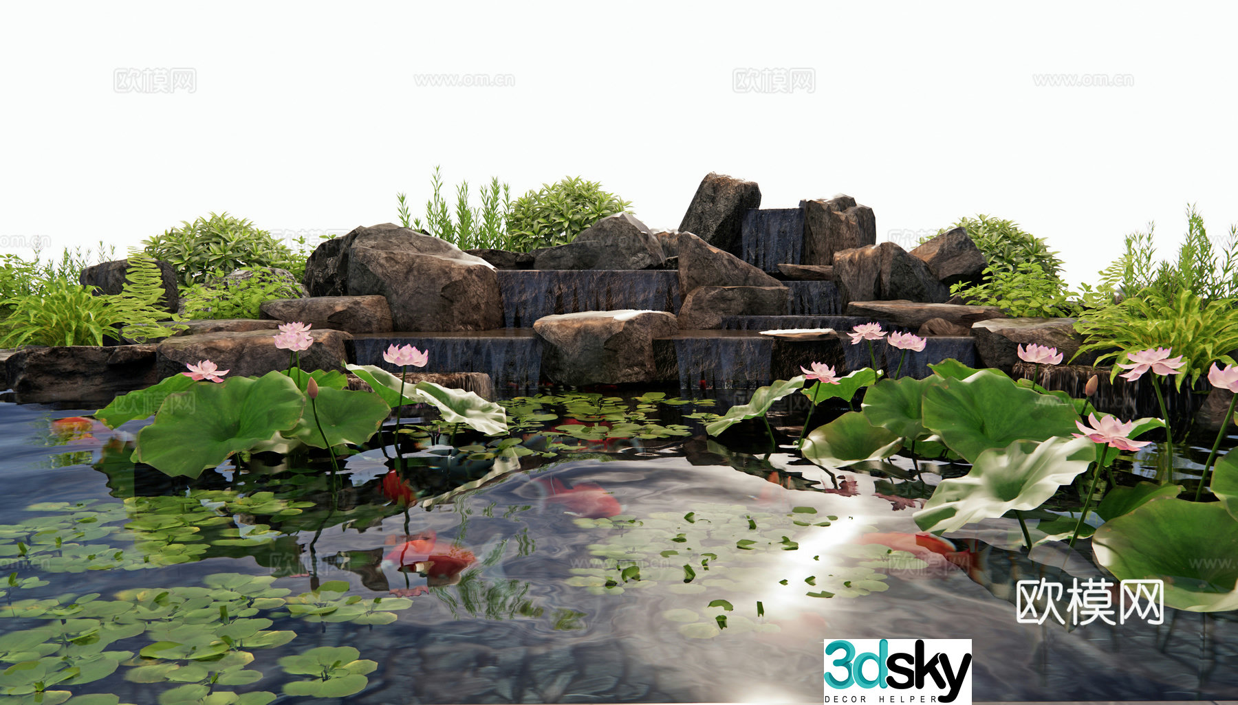 New Chinese rockery waterscape lotus aquatic plants fish pond goldfish stone waterfall landscape 3d model