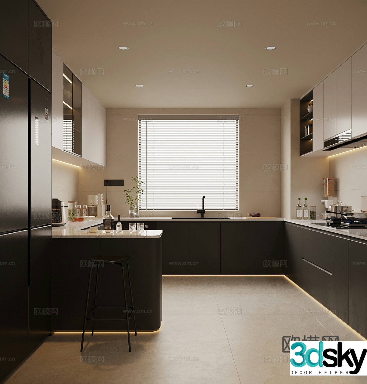 Modern creamy kitchen refrigerator range hood kitchen supplies 3d model