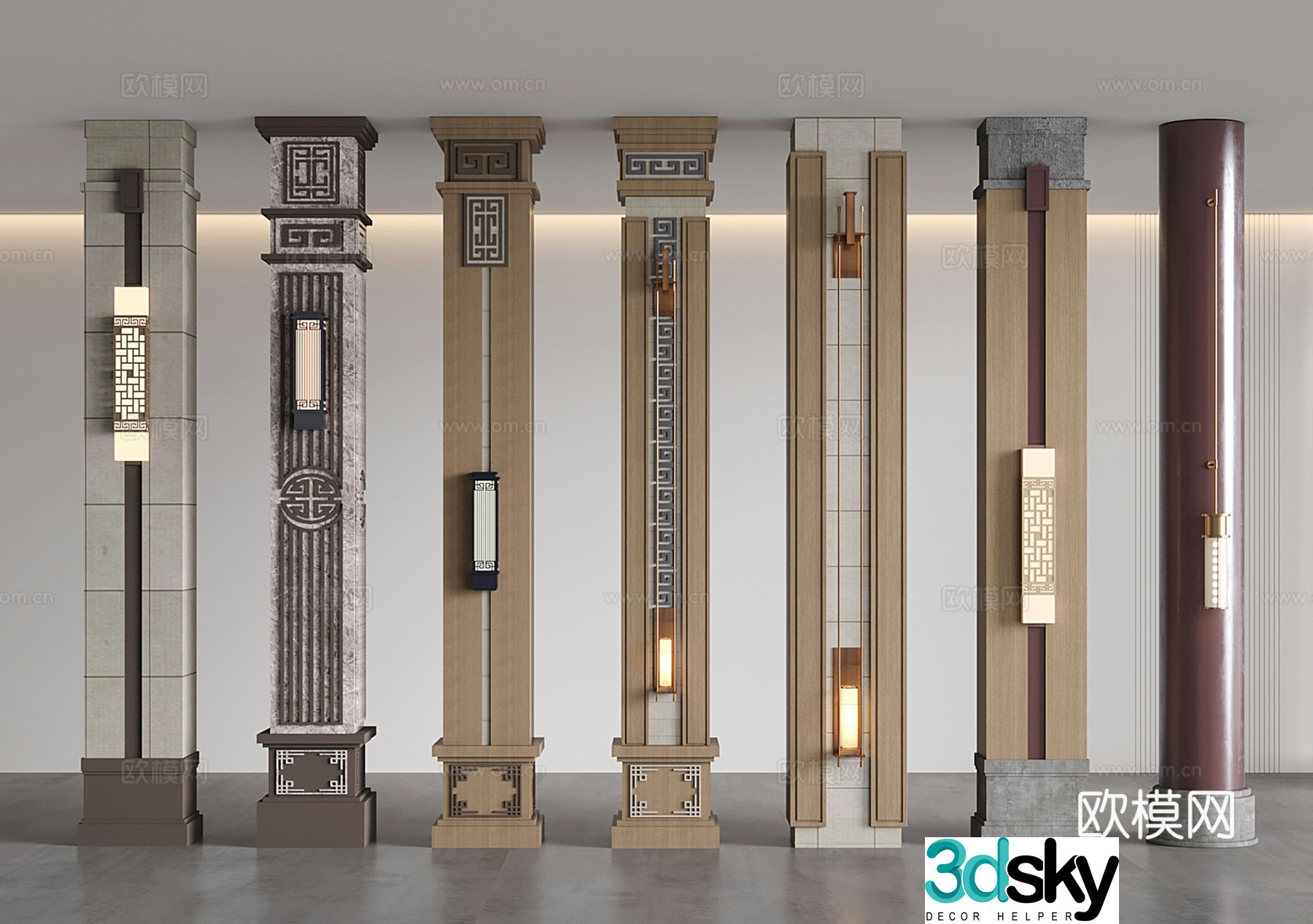 New Chinese style Chinese column Square column Cylinder column Modeling decorative column 3D model