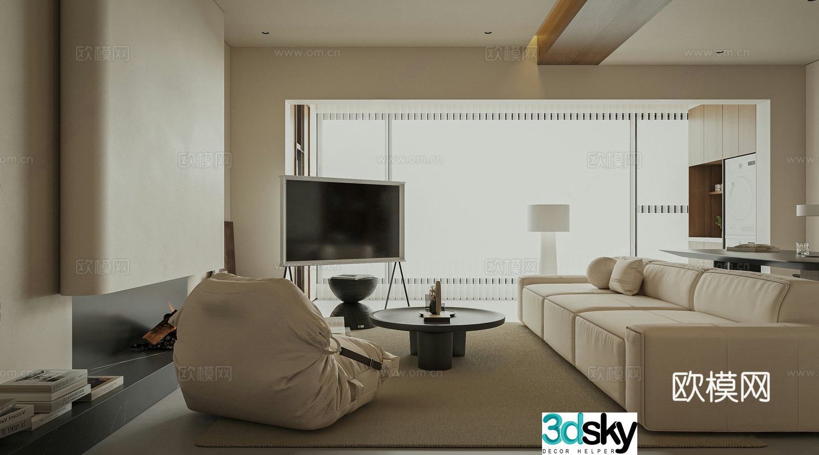 Modern Cream Style Living Room without Own Lights Restaurant without Own Lights TV Background Wall Sideboard 3D Model