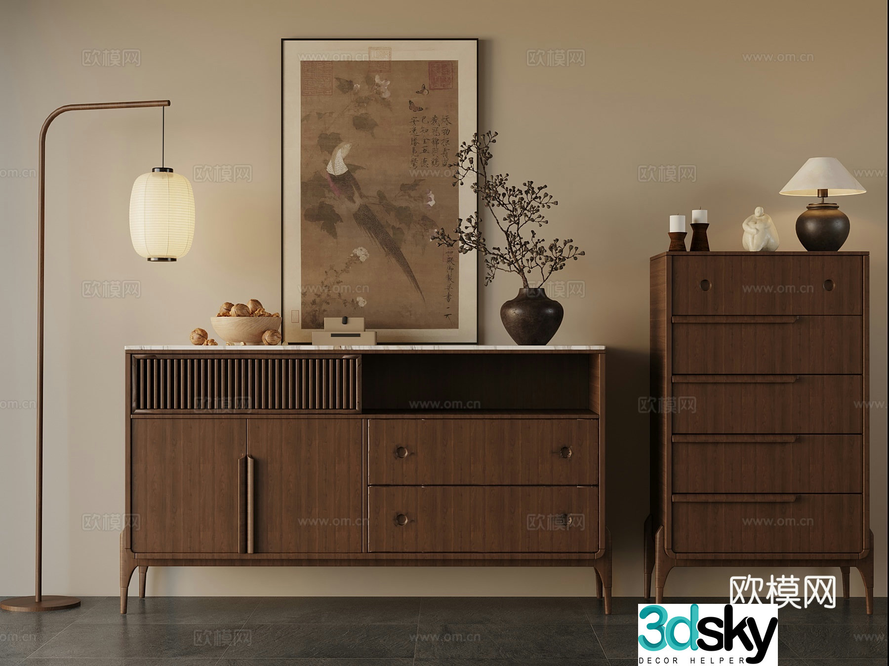 New Chinese style side cabinet decorative cabinet porch cabinet floor lamp chandeliers decorative painting 3D model