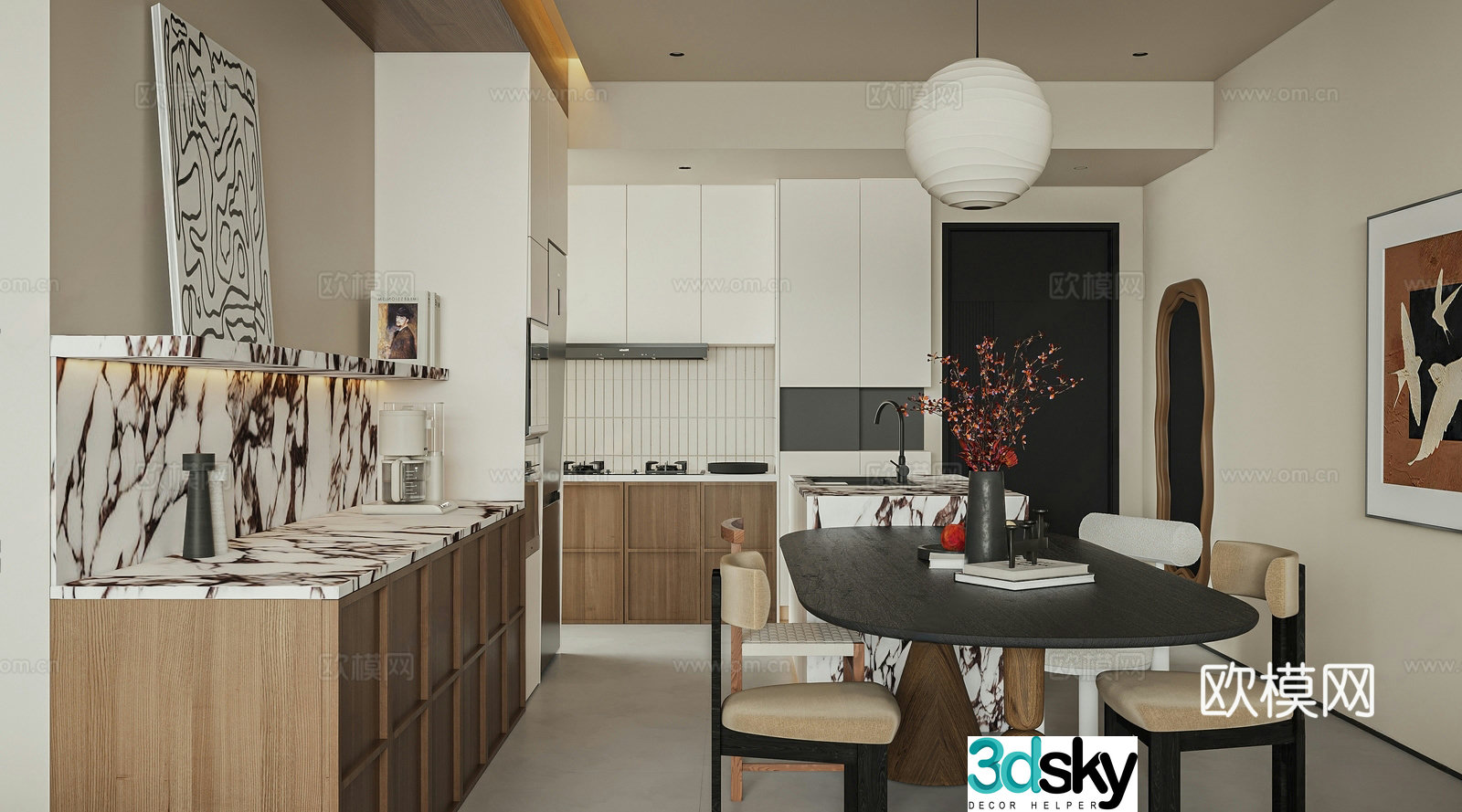 Wasabi Middle Style Restaurant Open Kitchen Dining Table and Chair Combination Restaurant Chandelier Decoration 3D Model