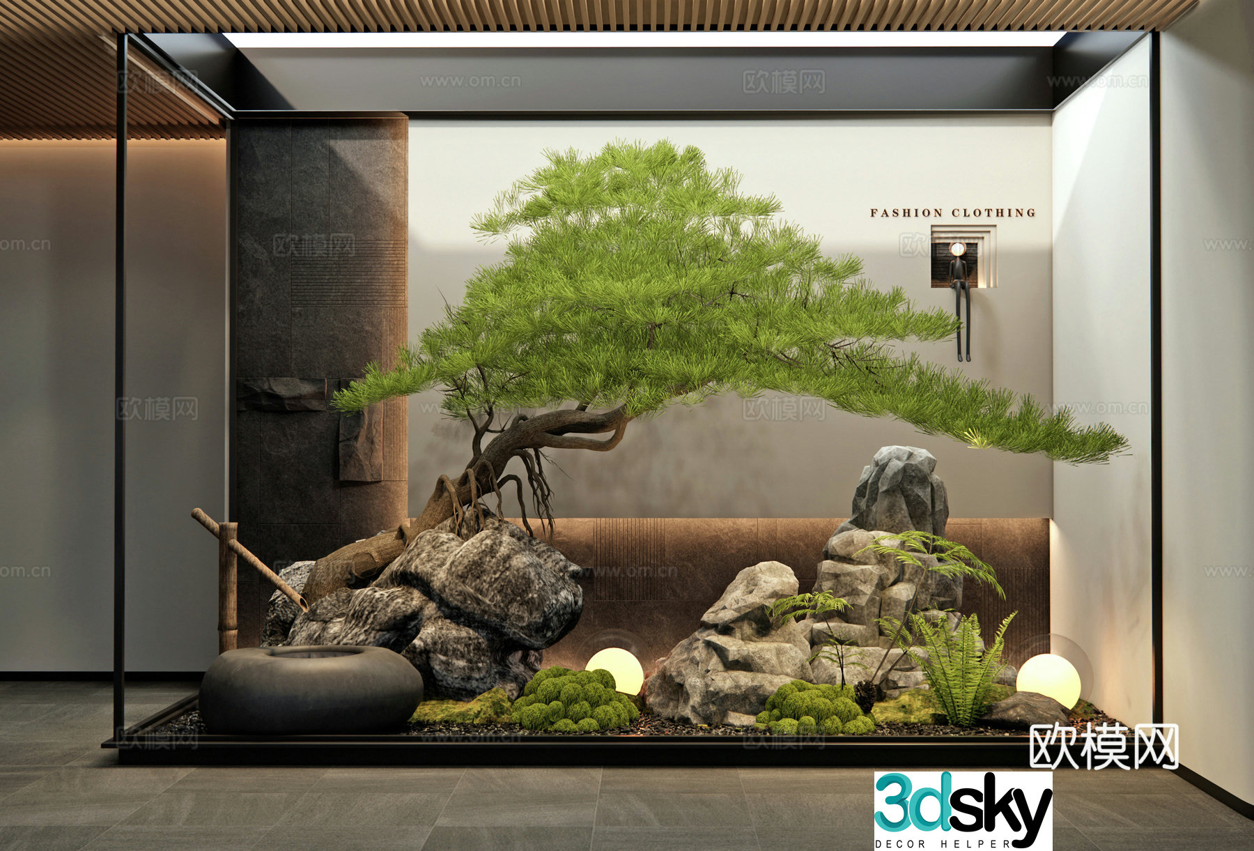 New Chinese style interior landscape Landscape stone Plant landscaping Garden sketch Moss Pine tree 3D model