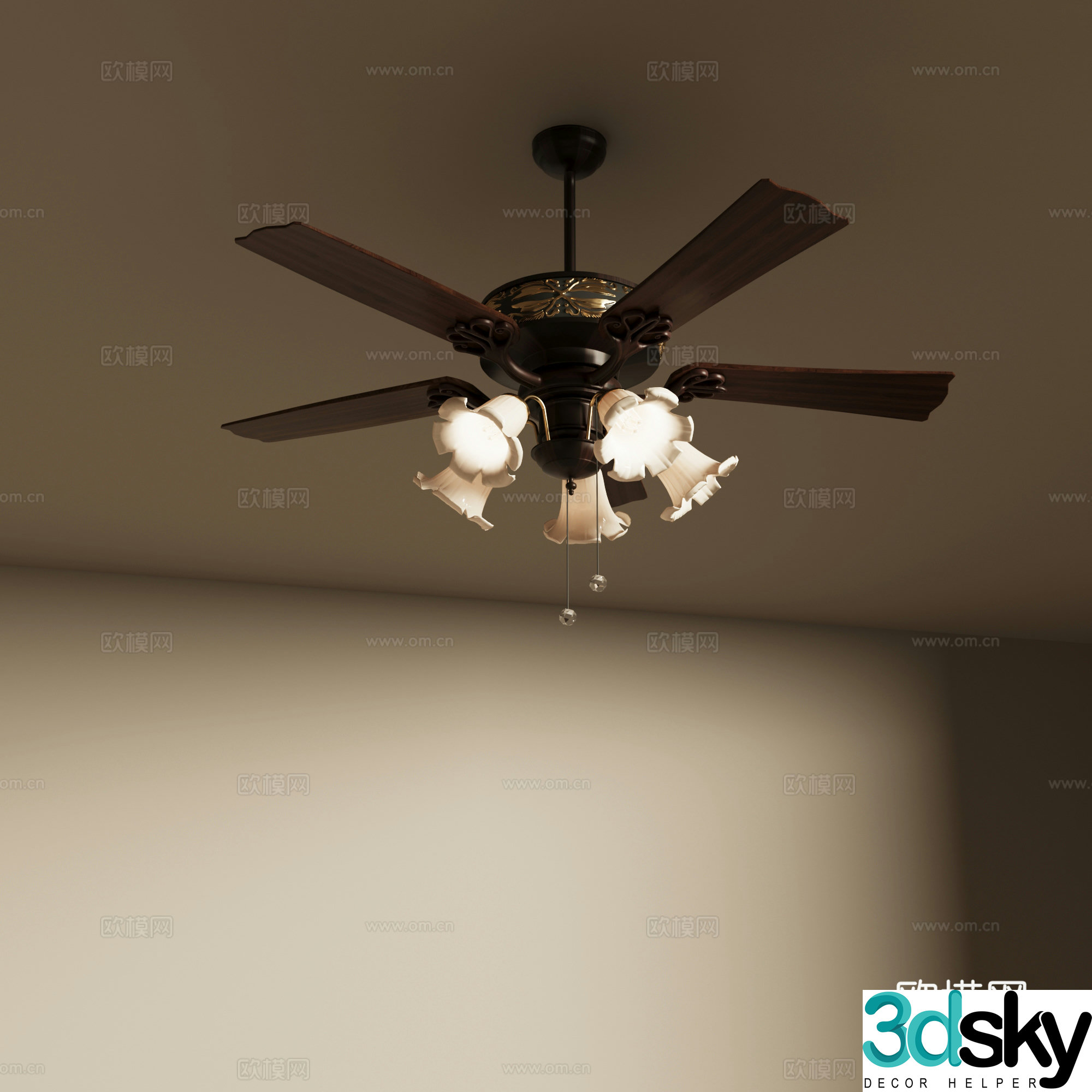 French retro style fan light solid wood fan light ceiling fan light 3d model