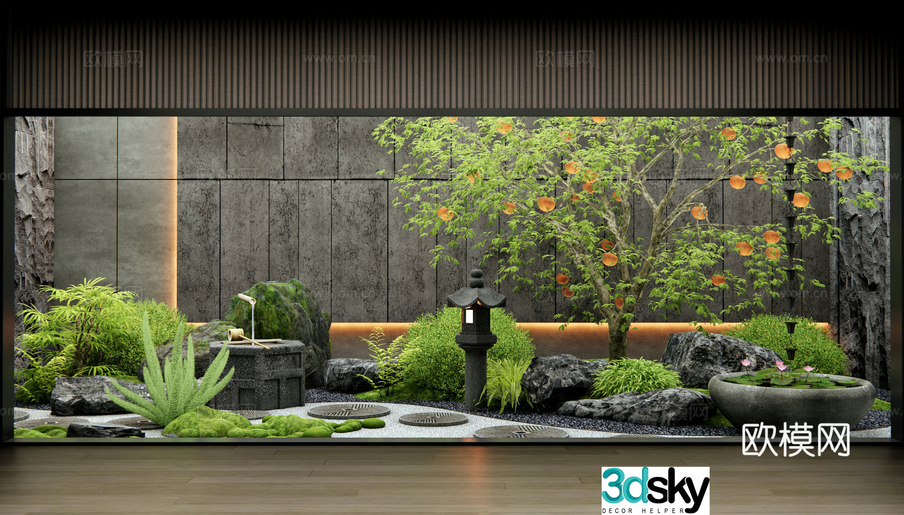 New Chinese style sinking patio courtyard interior landscape dry landscape tingling persimmon tree 3D model