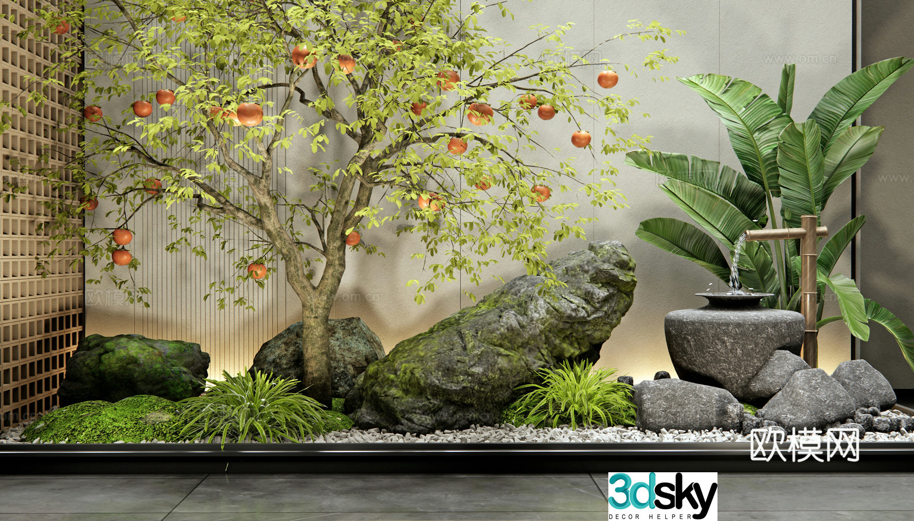 Modern indoor plant landscape Persimmon tree Fruit tree Landscape stone Garden sketch Waterscape 3d model