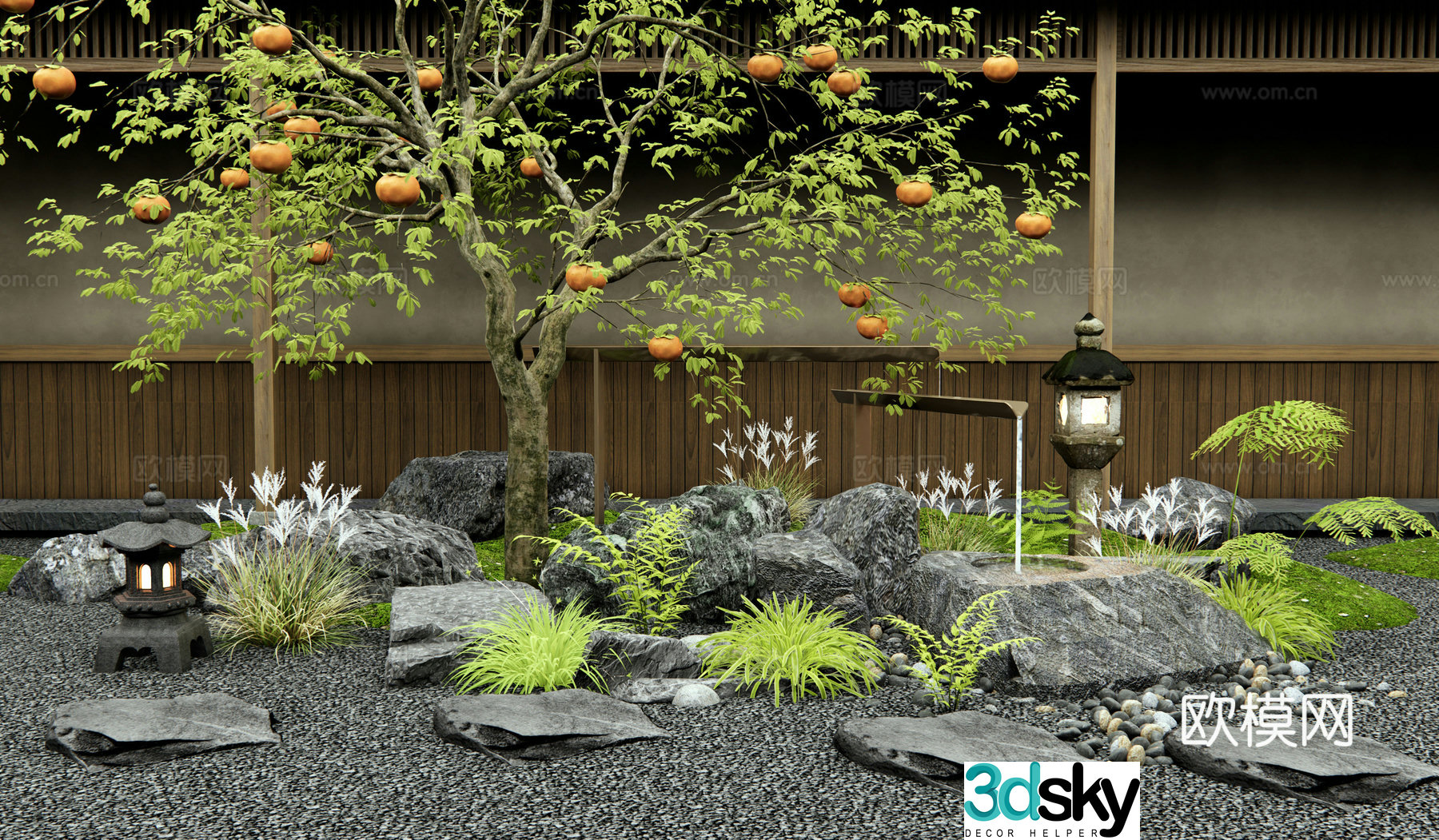Japanese style new Chinese style courtyard sketches Persimmon tree fruit tree water landscape stone flowing water bowl 3D model