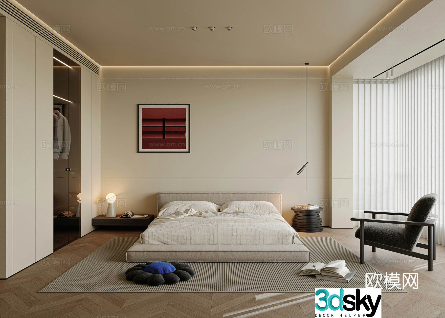 Wasabi minimalist bedroom master light-free bedroom master bedroom elderly room fabric double bed chandelier 3d model