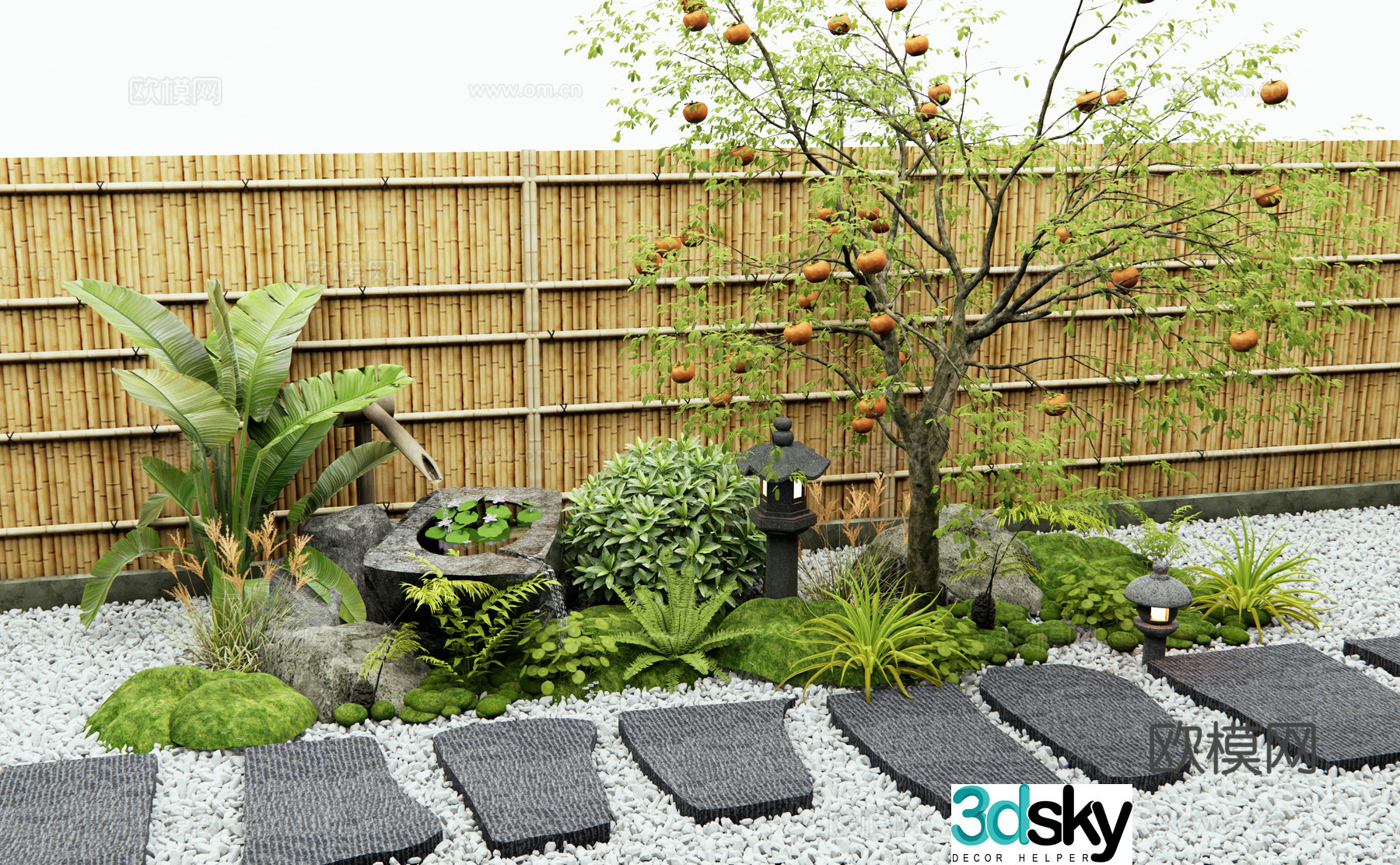 Japanese style new Chinese style courtyard landscape sketch Persimmon tree Slate slab step Plant combination Water bowl waterscape 3D model