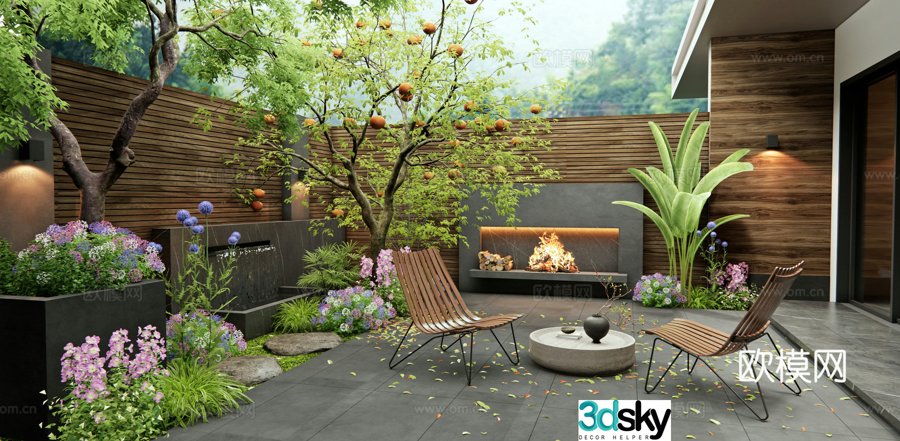 Modern villa courtyard persimmon tree flowers and plants fruit trees landscape tree outdoor chair shrub waterscape 3d model