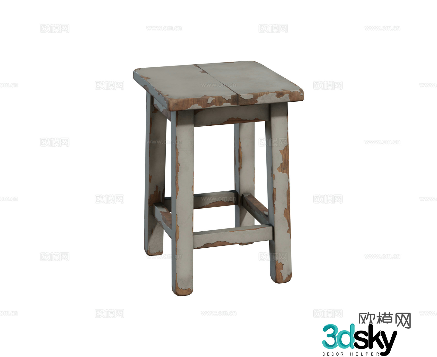 Modern solid wood stool square stool painted wooden stool combination 3D model