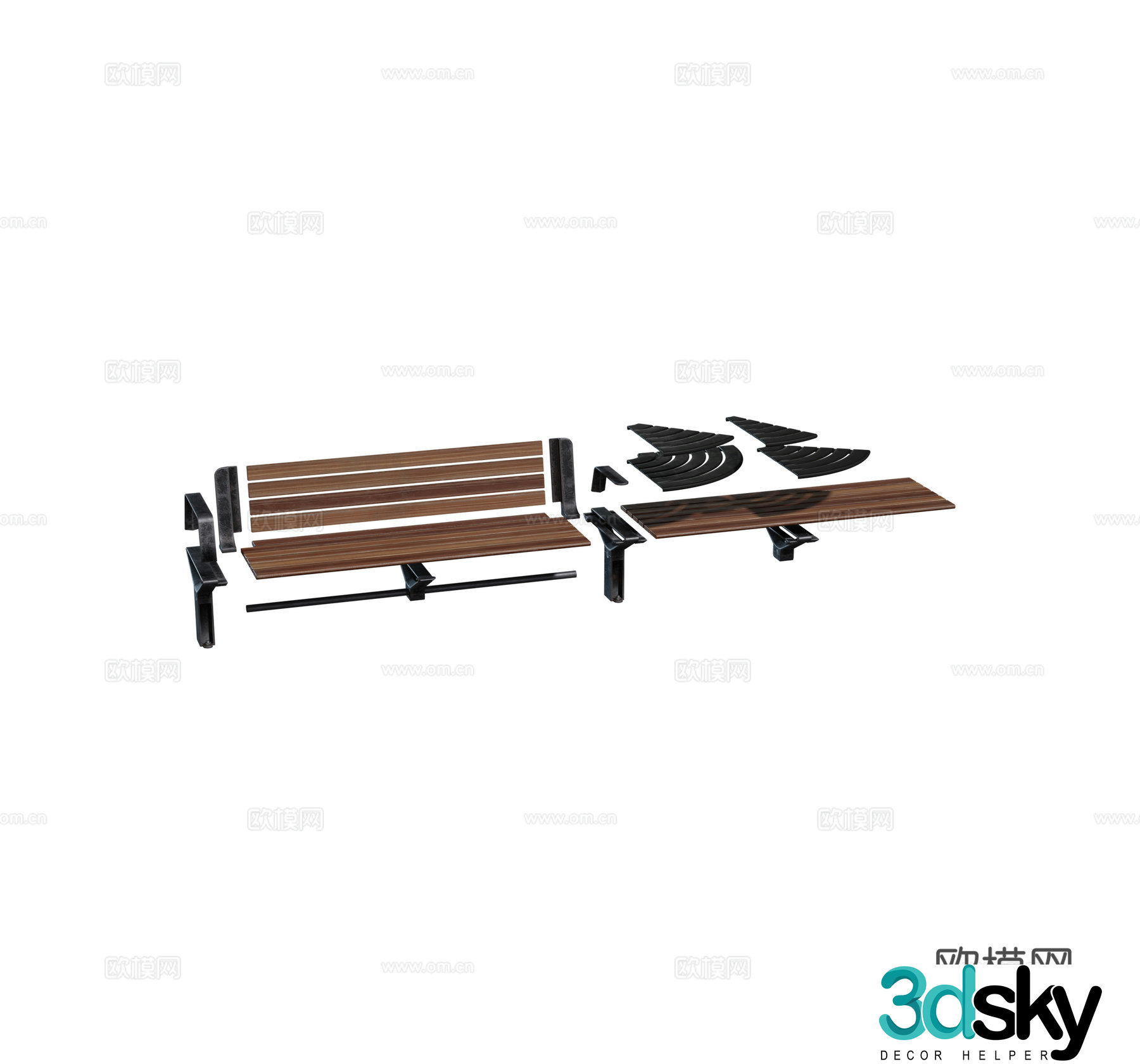 Retro wrought iron wood street seat bench combination 3D model