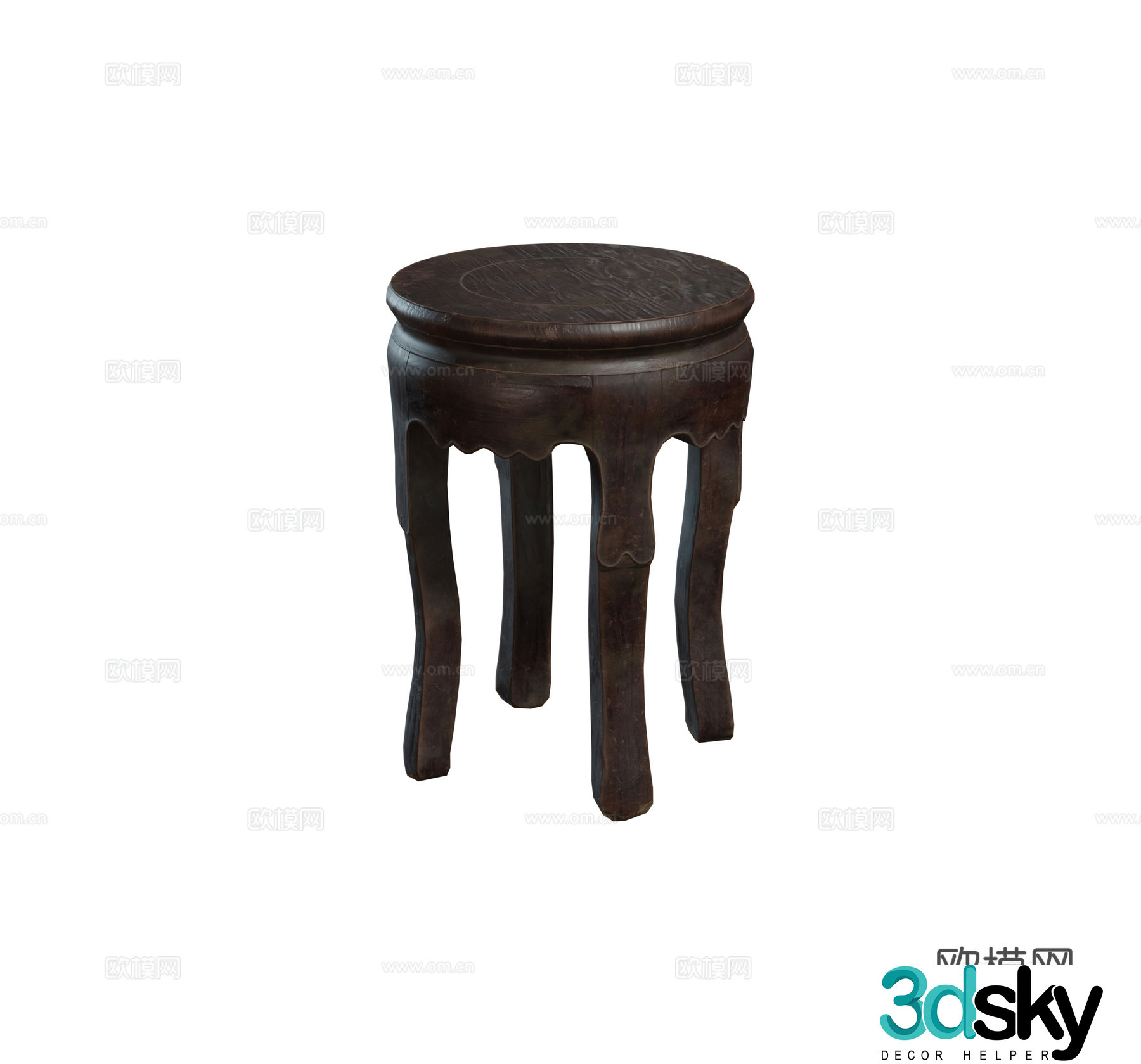 Chinese round wooden bench combination 3D model