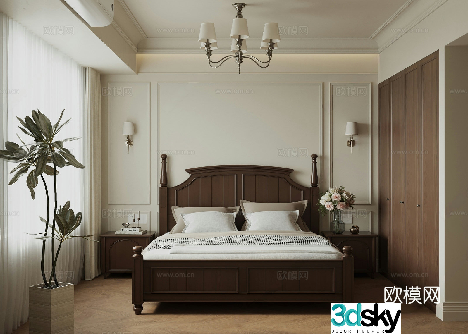 American French home bedroom double bed bedside background wall wardrobe potted plant bedside table hanging 3d model