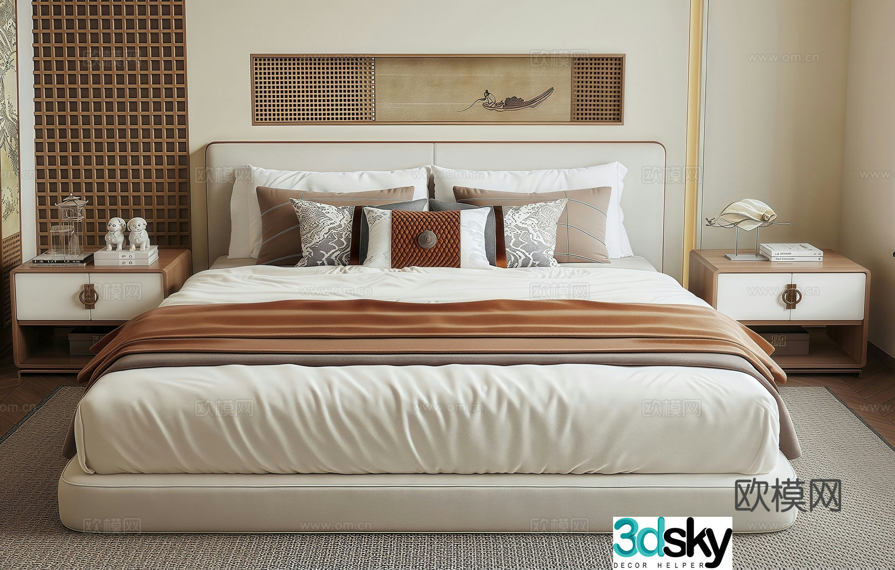 Song style double bed nightstand 3D model