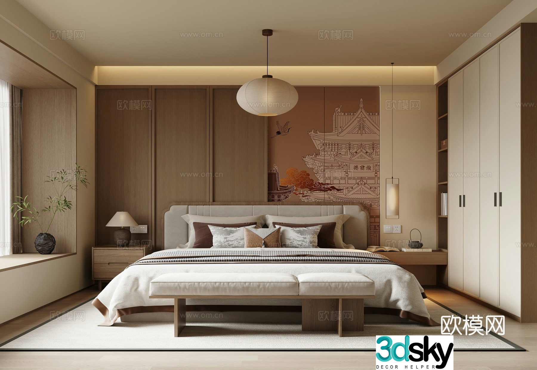 New Chinese Zen Bedroom Song Family Bedroom Bedroom Background Wall Double Bed 3D Model