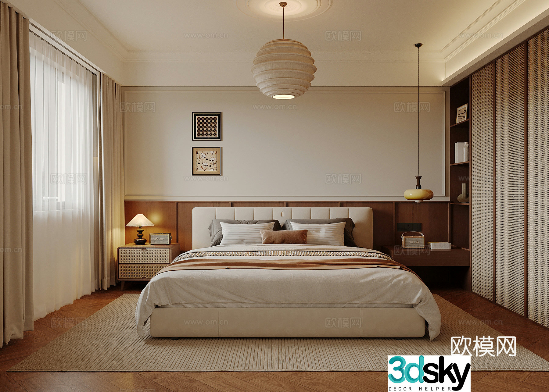 Middle style bedroom double bed wardrobe 3d model