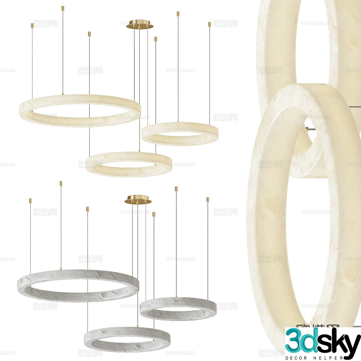 Modern light luxury round translucent stone decorative chandelier 3d model