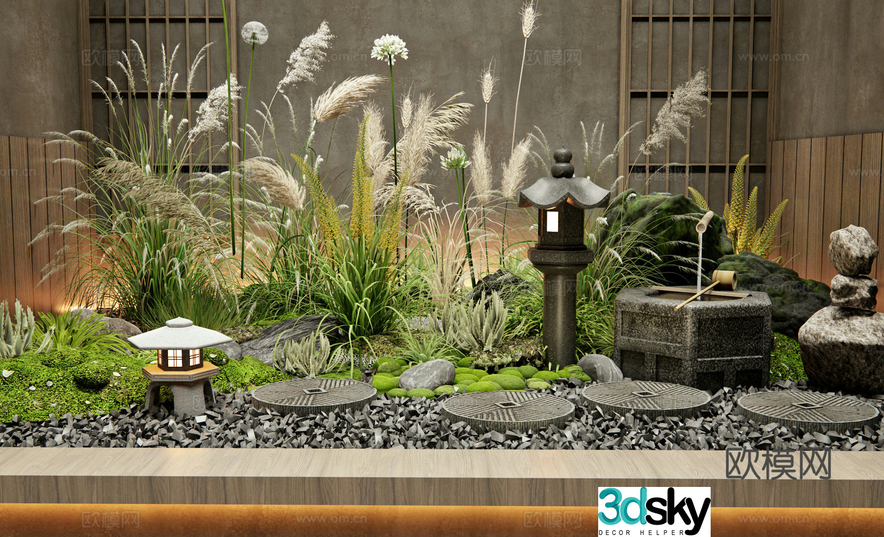Japanese interior landscape courtyard sketch reed plant combination tingstep stone water bowl flower 3D model