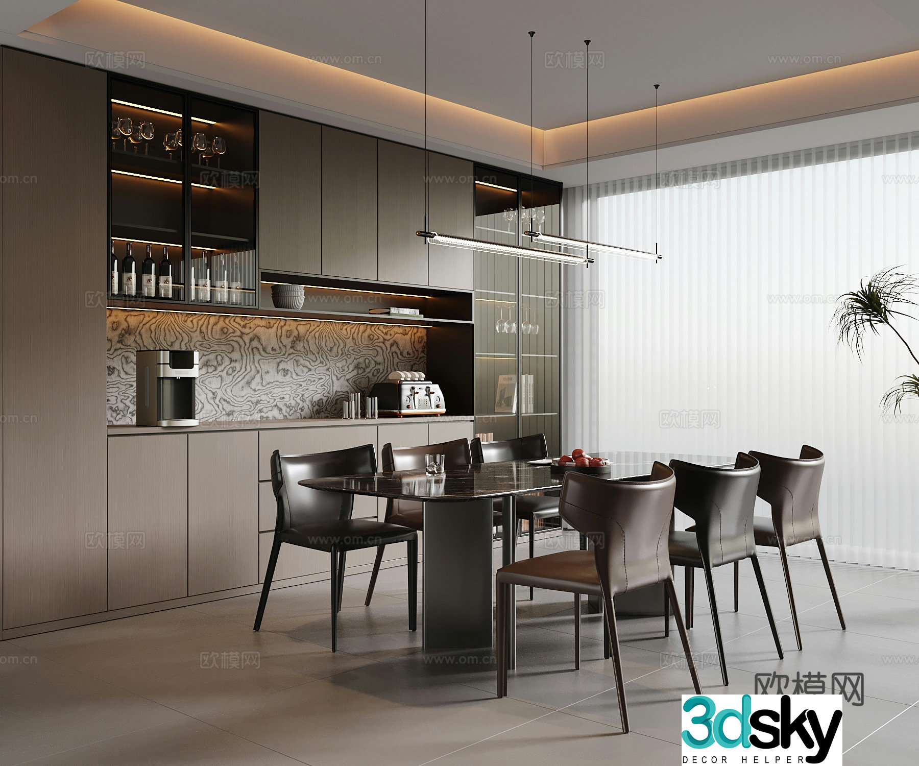 Modern Italian restaurant dining table and chair wine cabinet 3d model