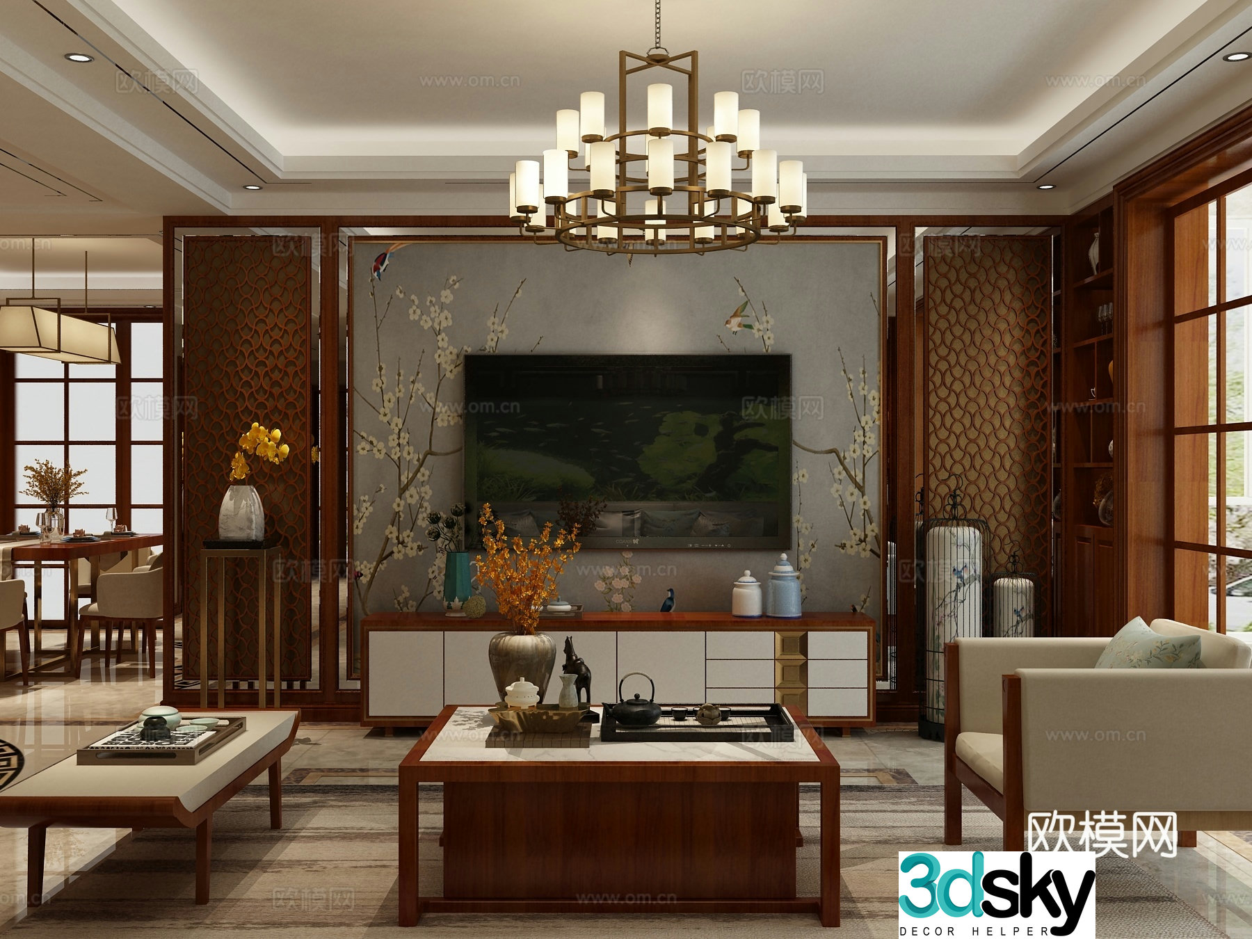 New Chinese style living and dining room sofa background wall dining table chair hanging painting 3d model
