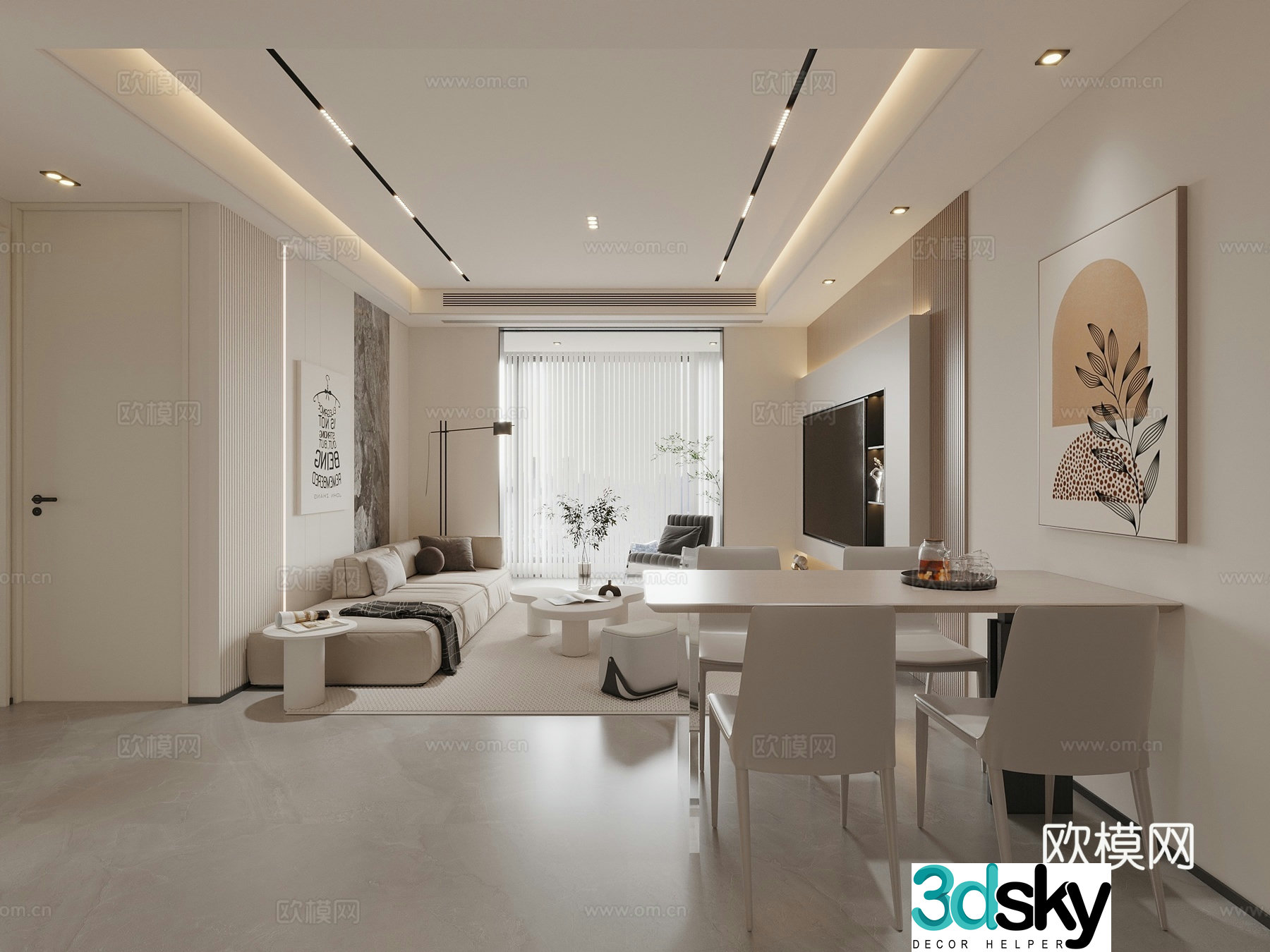 Modern living and dining room 3d model