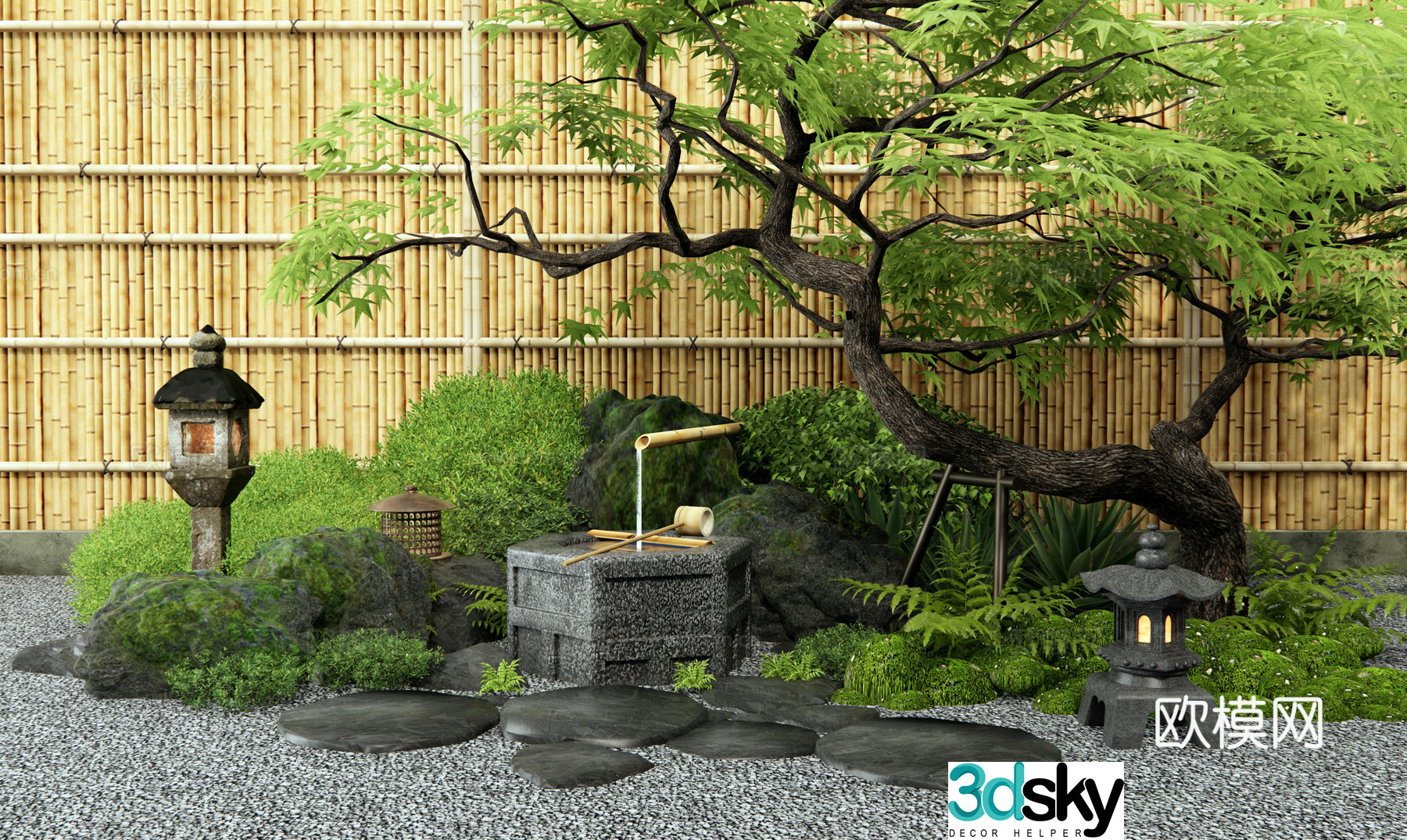 Japanese style garden sketch dry landscape shrub maple bamboo fence water bowl waterscape plant pile 3d model