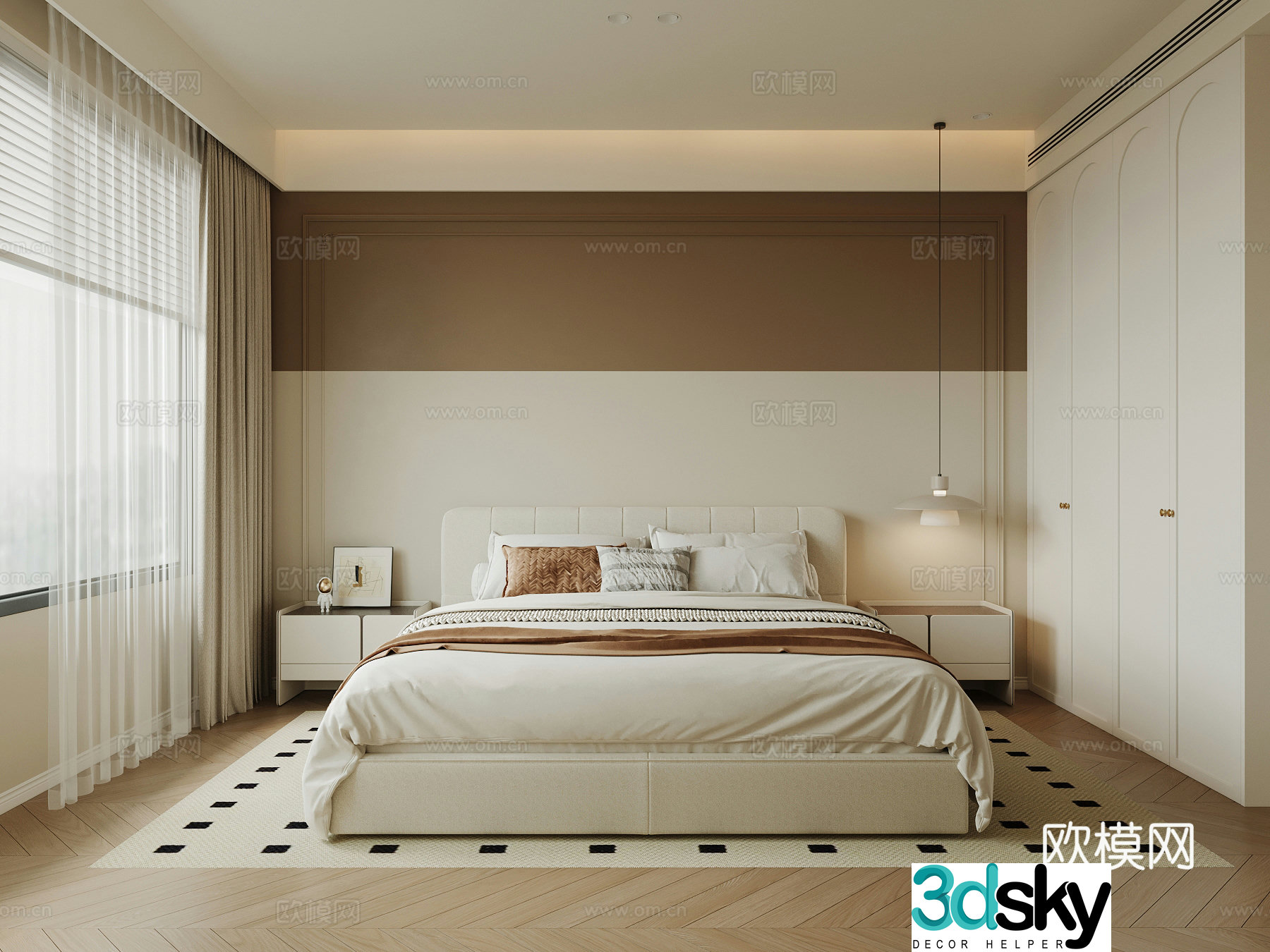 French bedroom double bed wardrobe 3d model