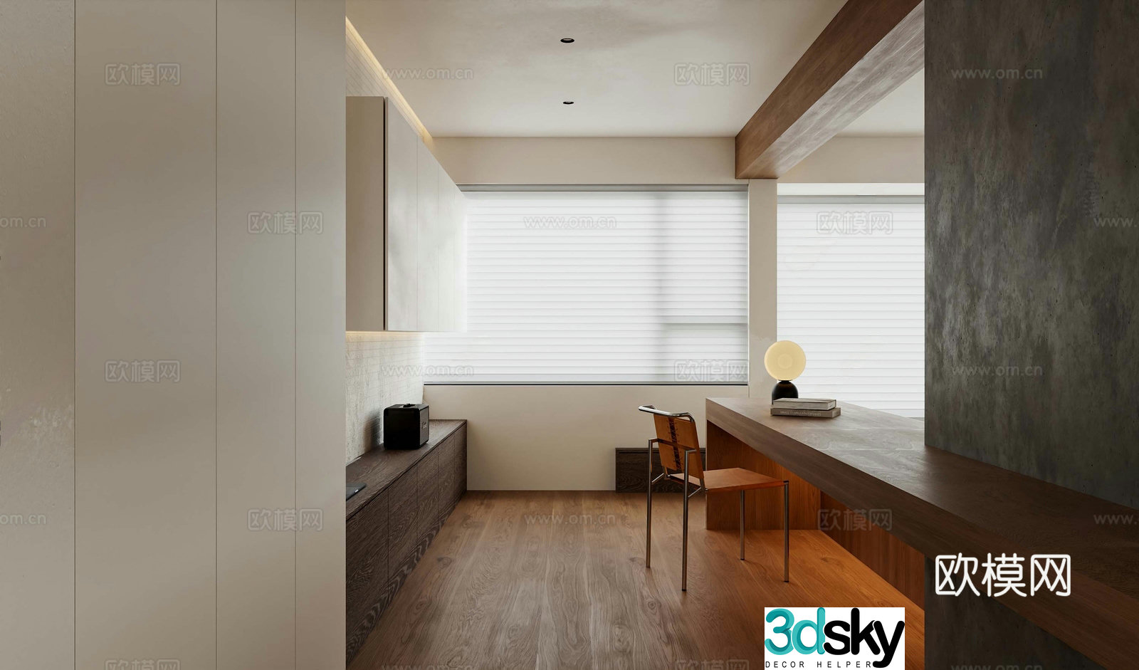 Modern minimalist study room bookcase board desk and chair combination desk lamp book 3D model