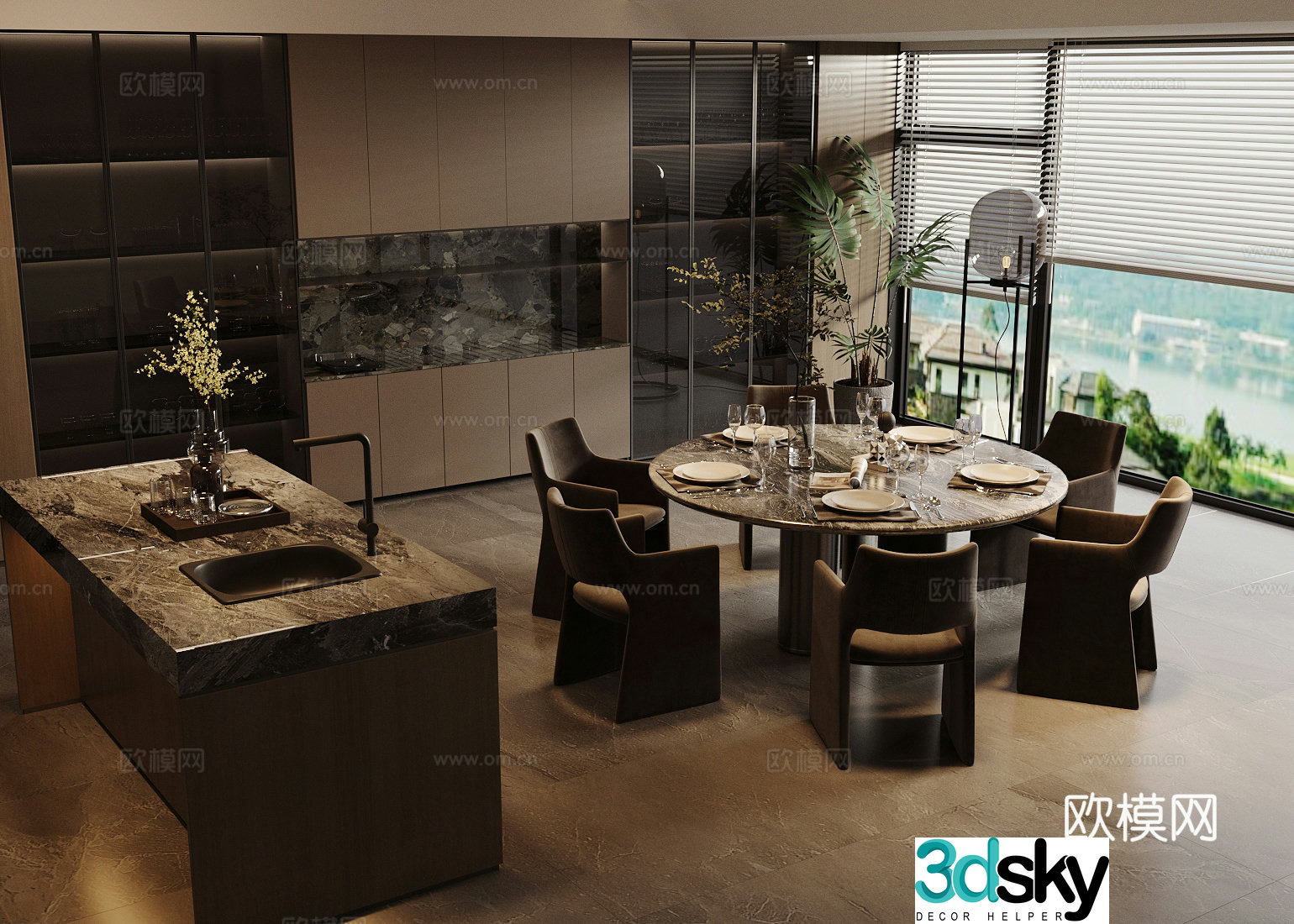 Modern Italian home restaurant Light luxury Italian restaurant Round table restaurant Island restaurant Black white and gray 3D model