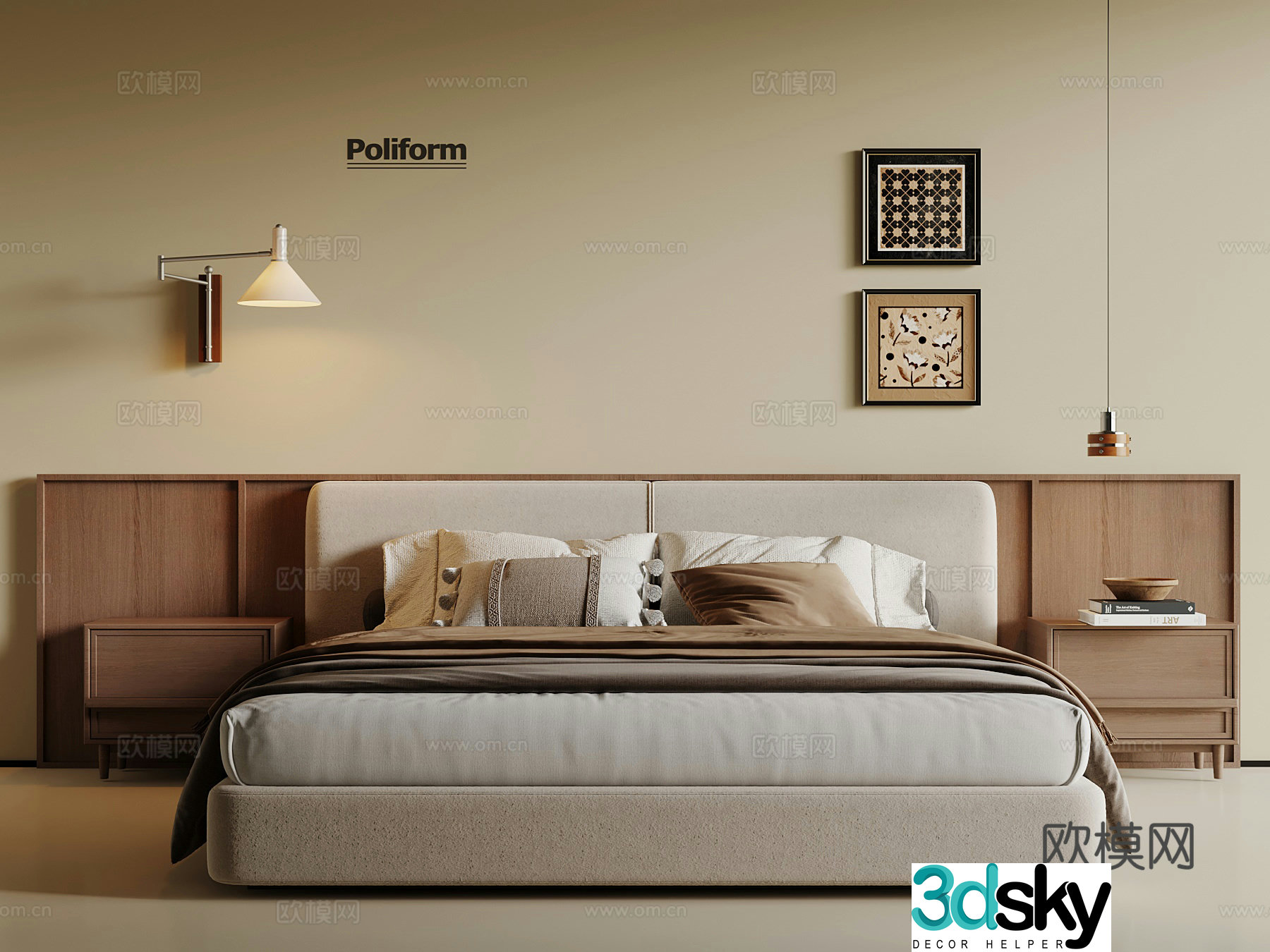 Middle-aged double bed wall lamp decorative painting 3d model