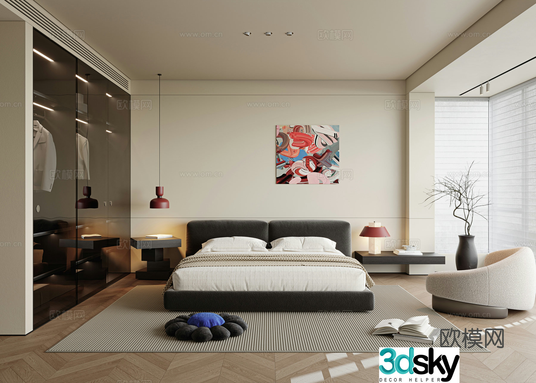 Wasabi Bedroom Master Bedroom No-Primary Bedroom Fabric Double Bed Small Chandeliers Bedside Side 3D Model
