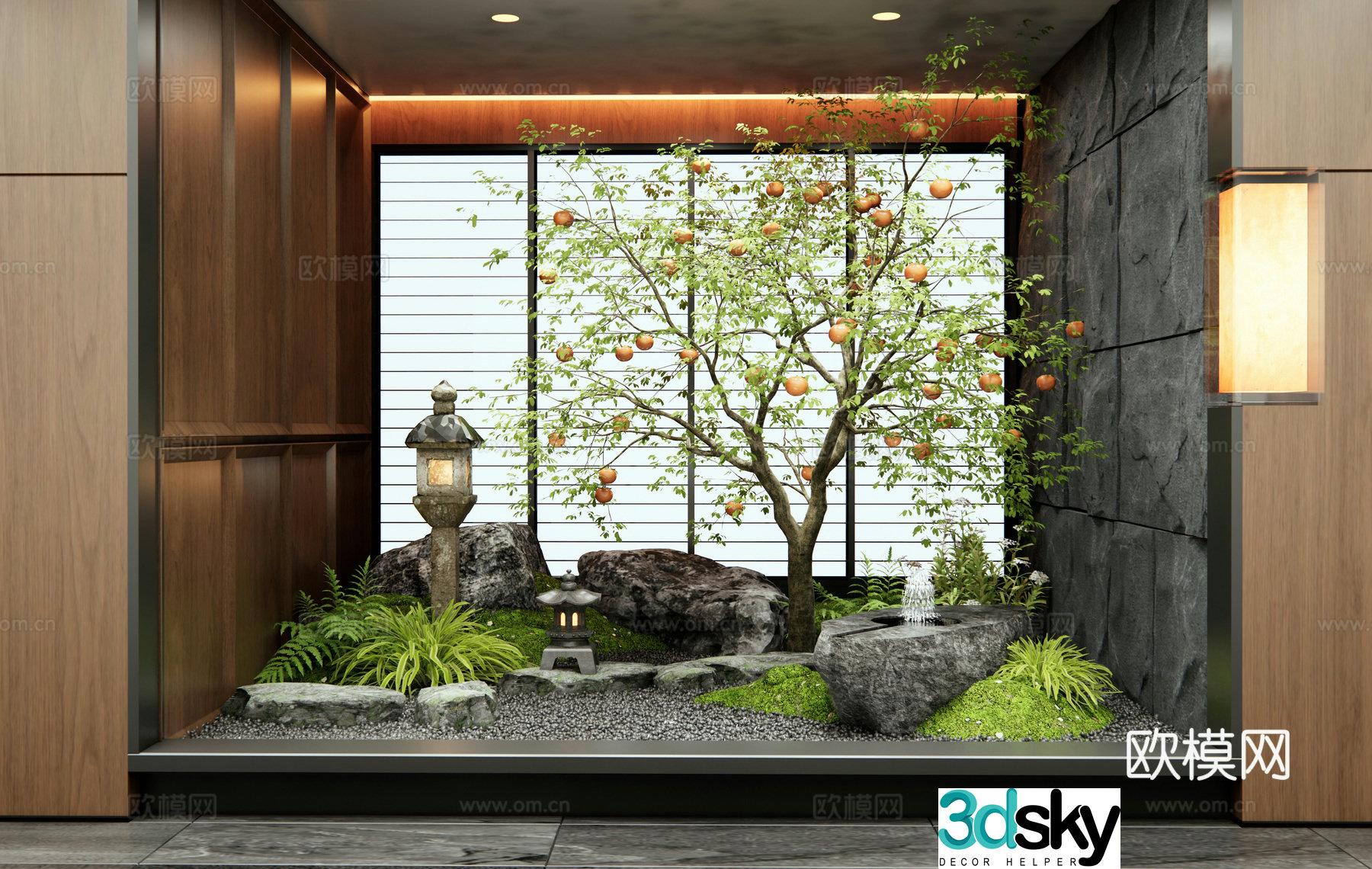 Modern interior landscape Persimmon tree Fruit tree Landscape stone Waterscape Water bowl Ting step Plant 3D model