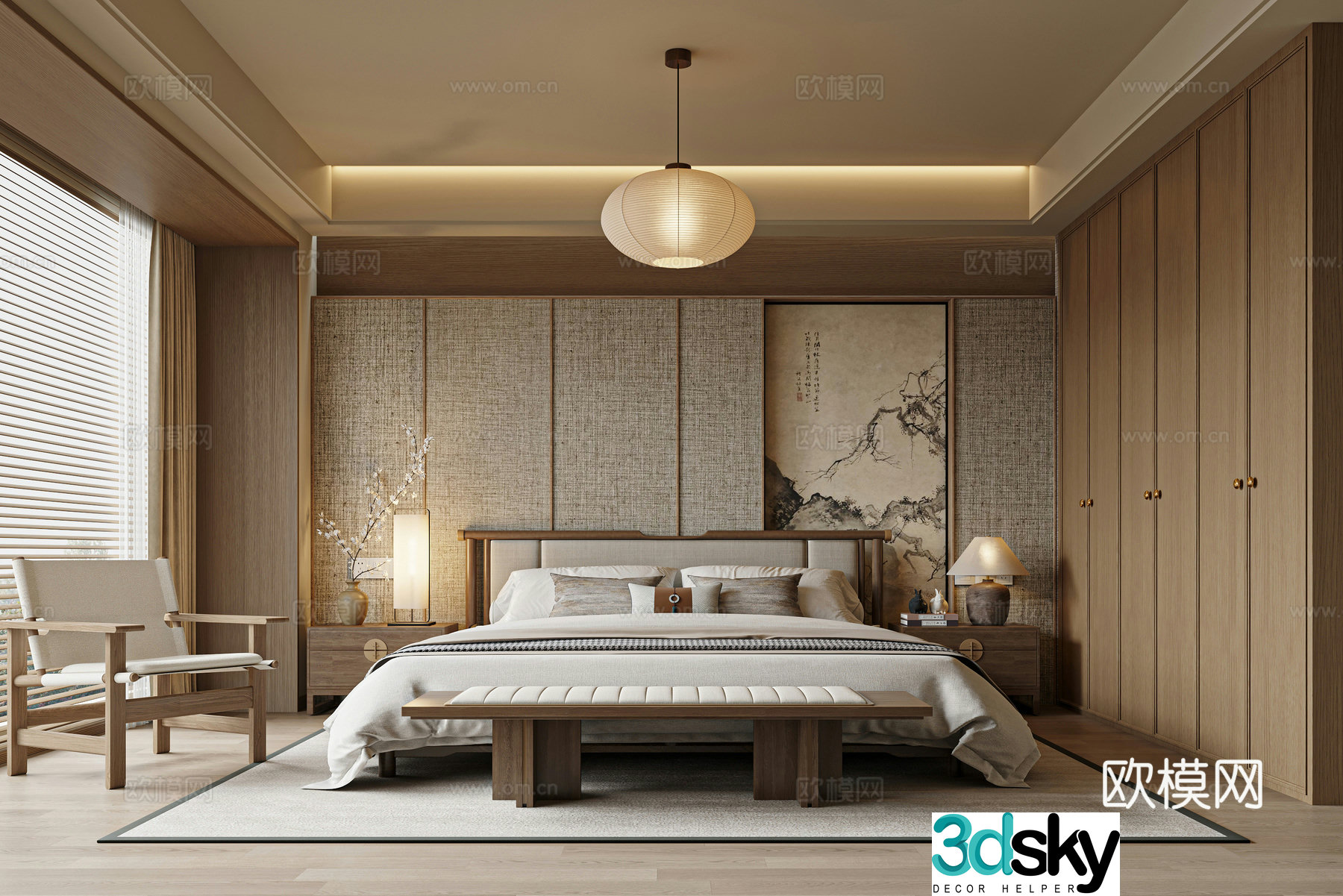 New Chinese Zen Bedroom Song Family Bedroom Bedroom Background Wall Double Bed 3D Model