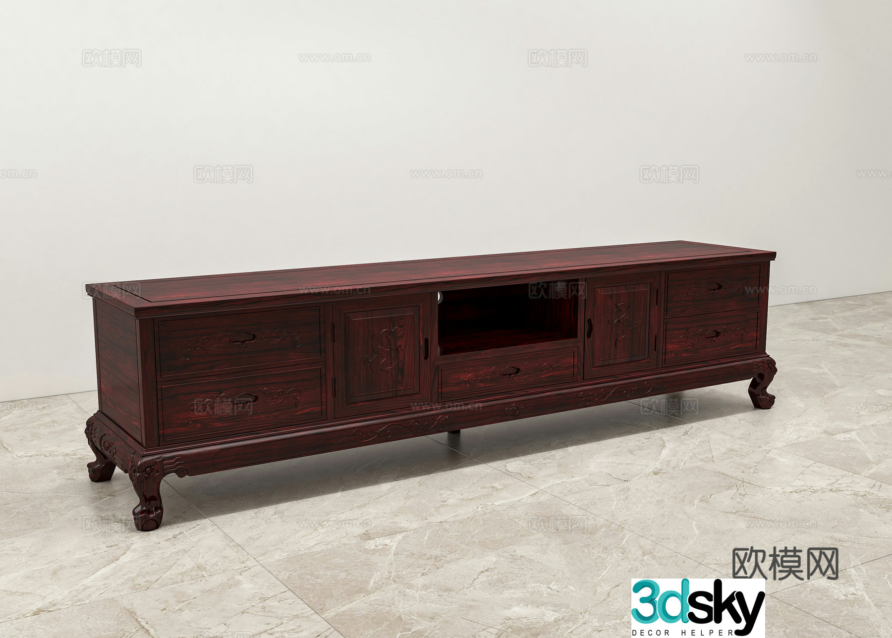 Chinese living room TV cabinet carved shape clasped hands solid wood mahogany 3D model