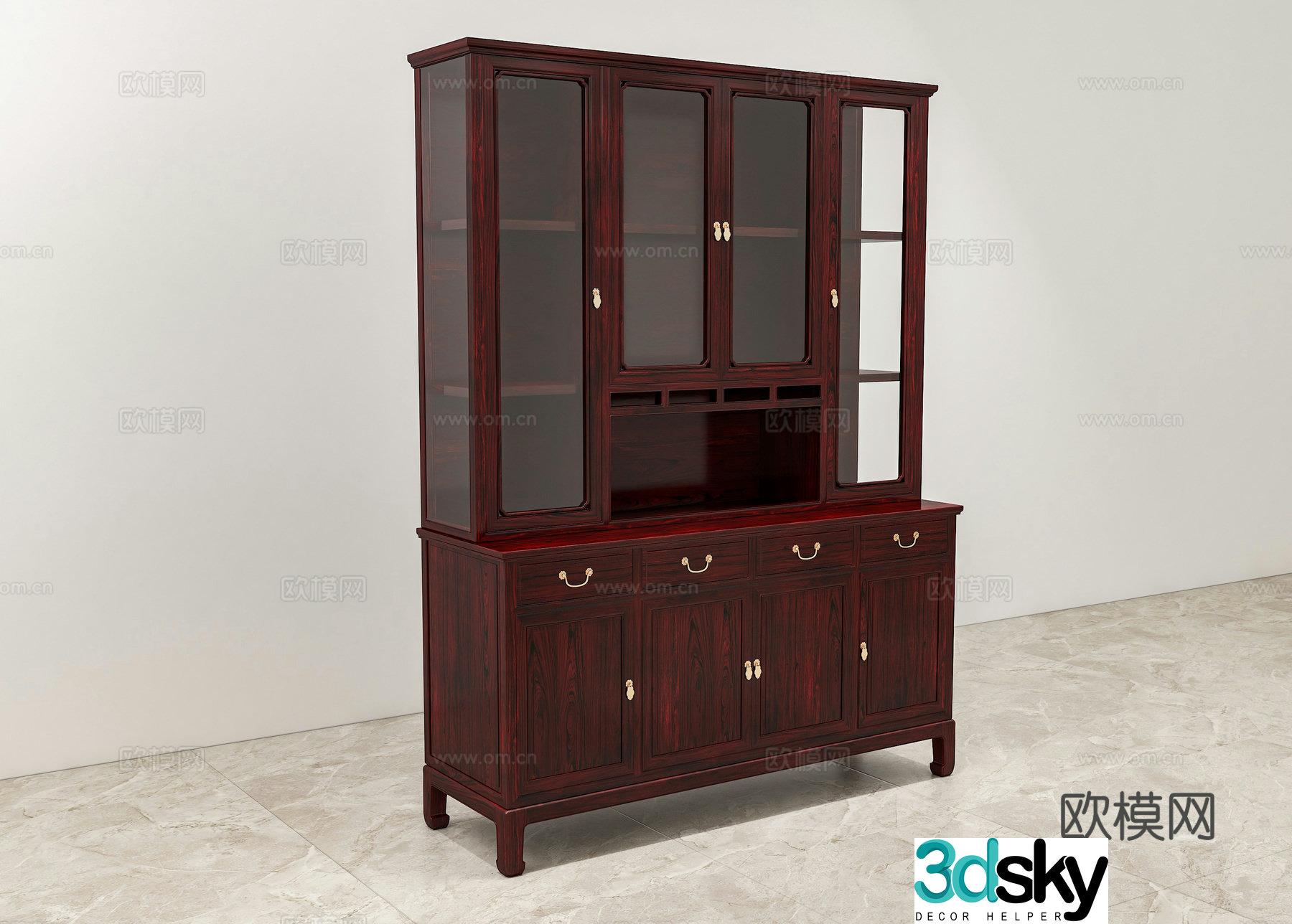 Chinese bookcase glass cabinet door solid wood mahogany 3D model