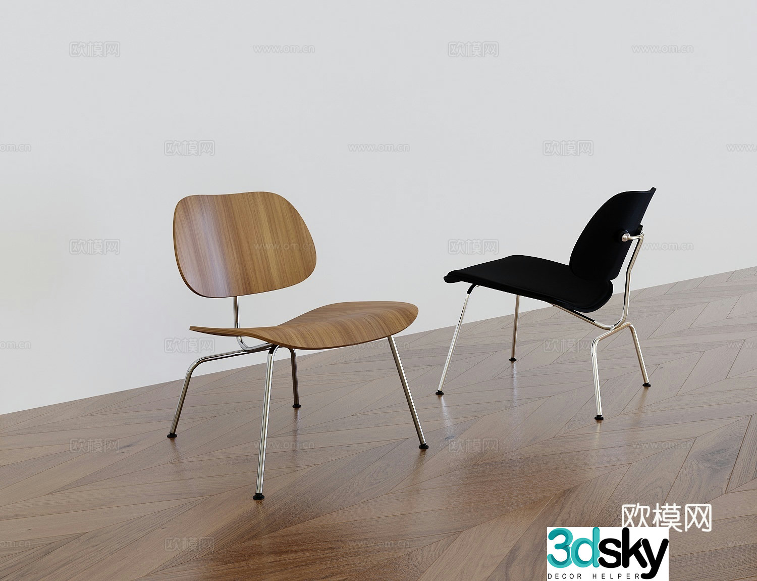 Modern dining chair fish bone wood floor 3d model