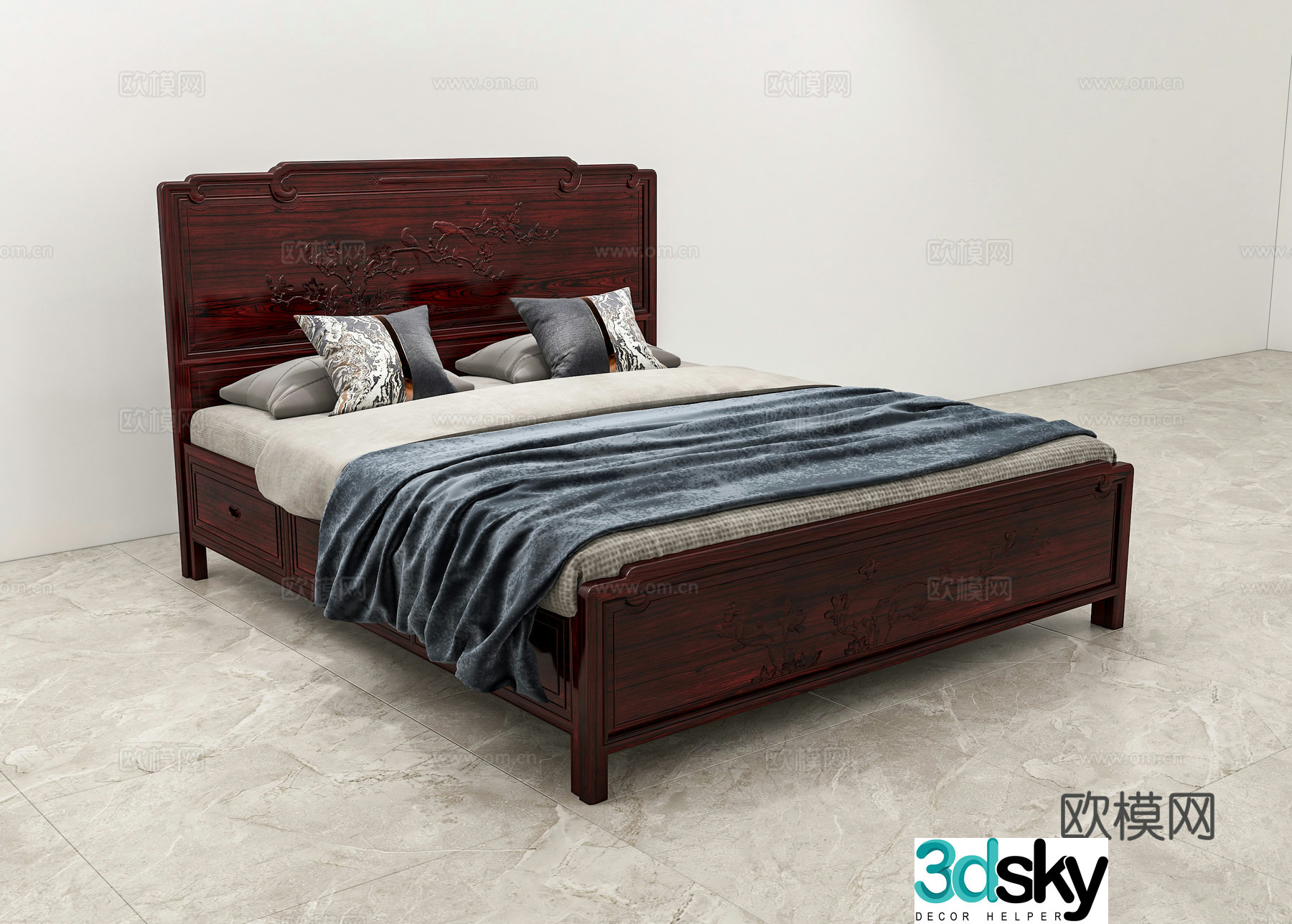 Chinese double bed carved bedside bed body clasped hands solid wood mahogany 3D model