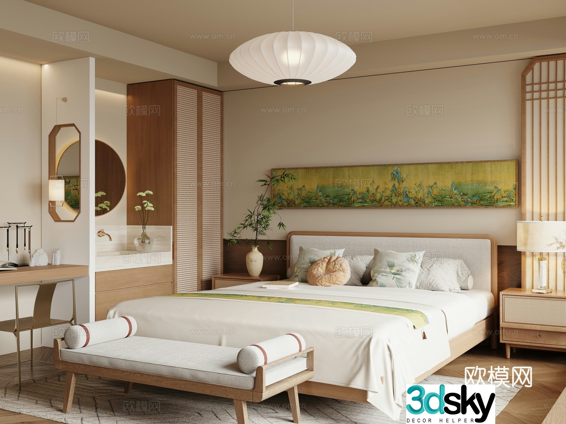 New Chinese Zen Bedroom Song Family Bedroom Double Bed 3D Model