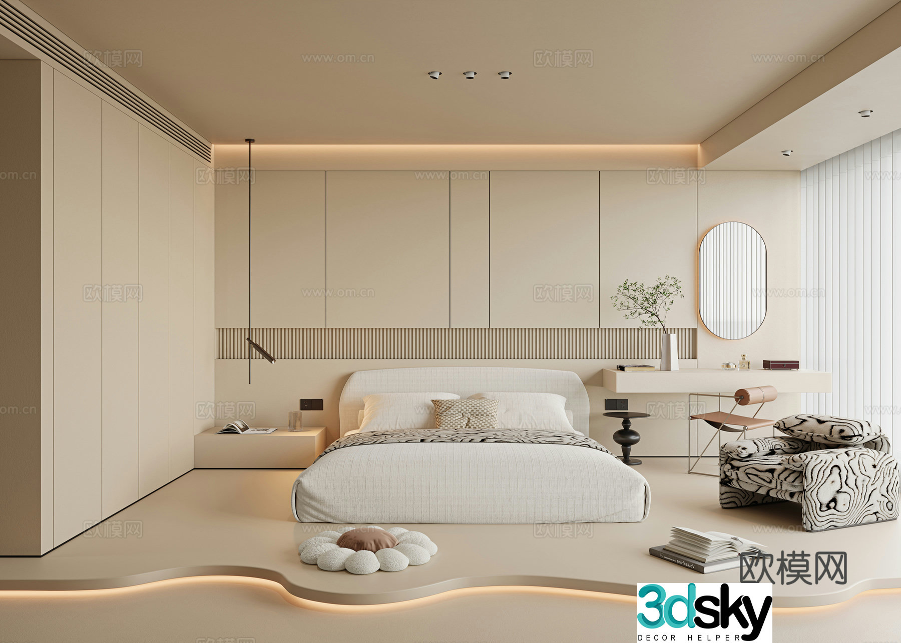 Creamy Bedroom Master Light Bedroom Floor Bedroom Master Bedroom Fabric Double Bed Dressing Table 3D Model