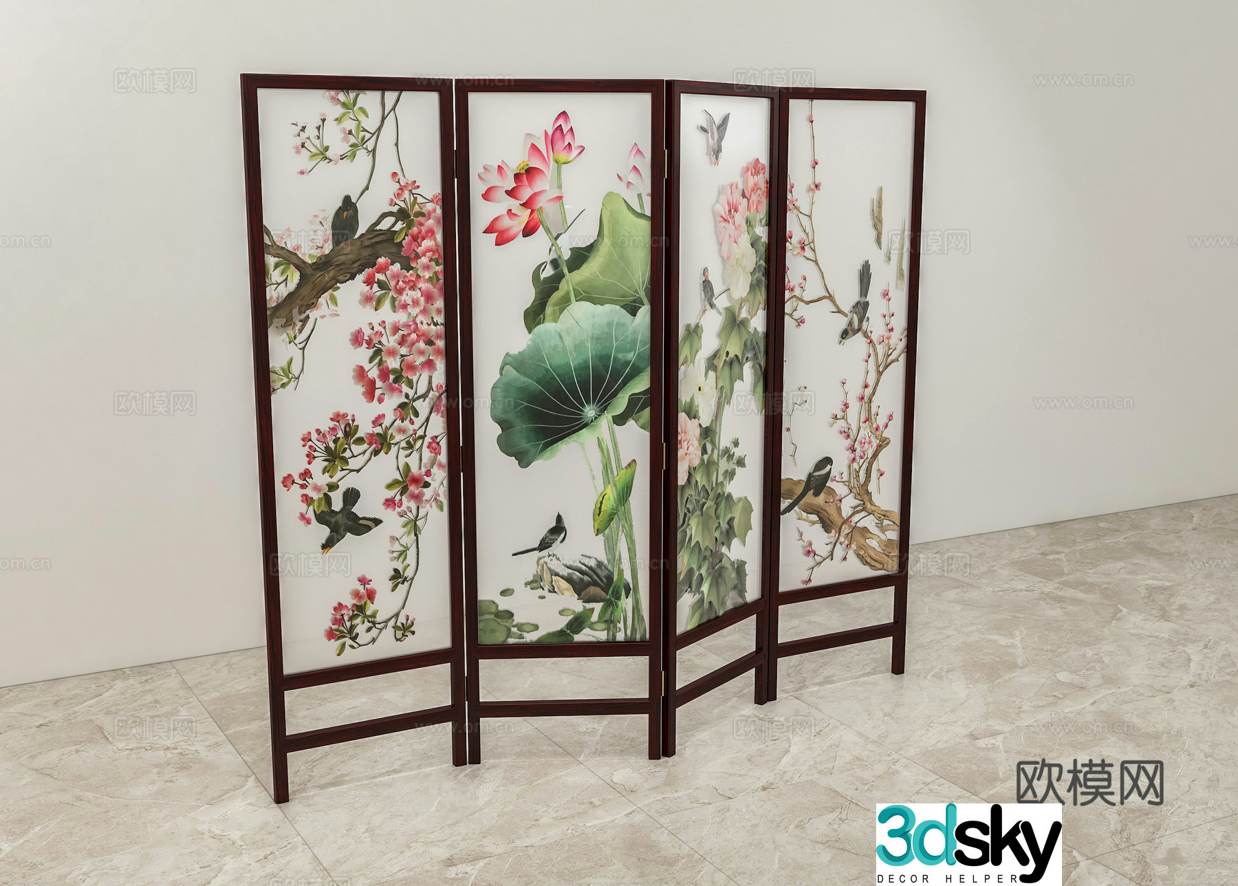 Chinese four-fan screen embroidered flowers and birds solid wood mahogany 3D model