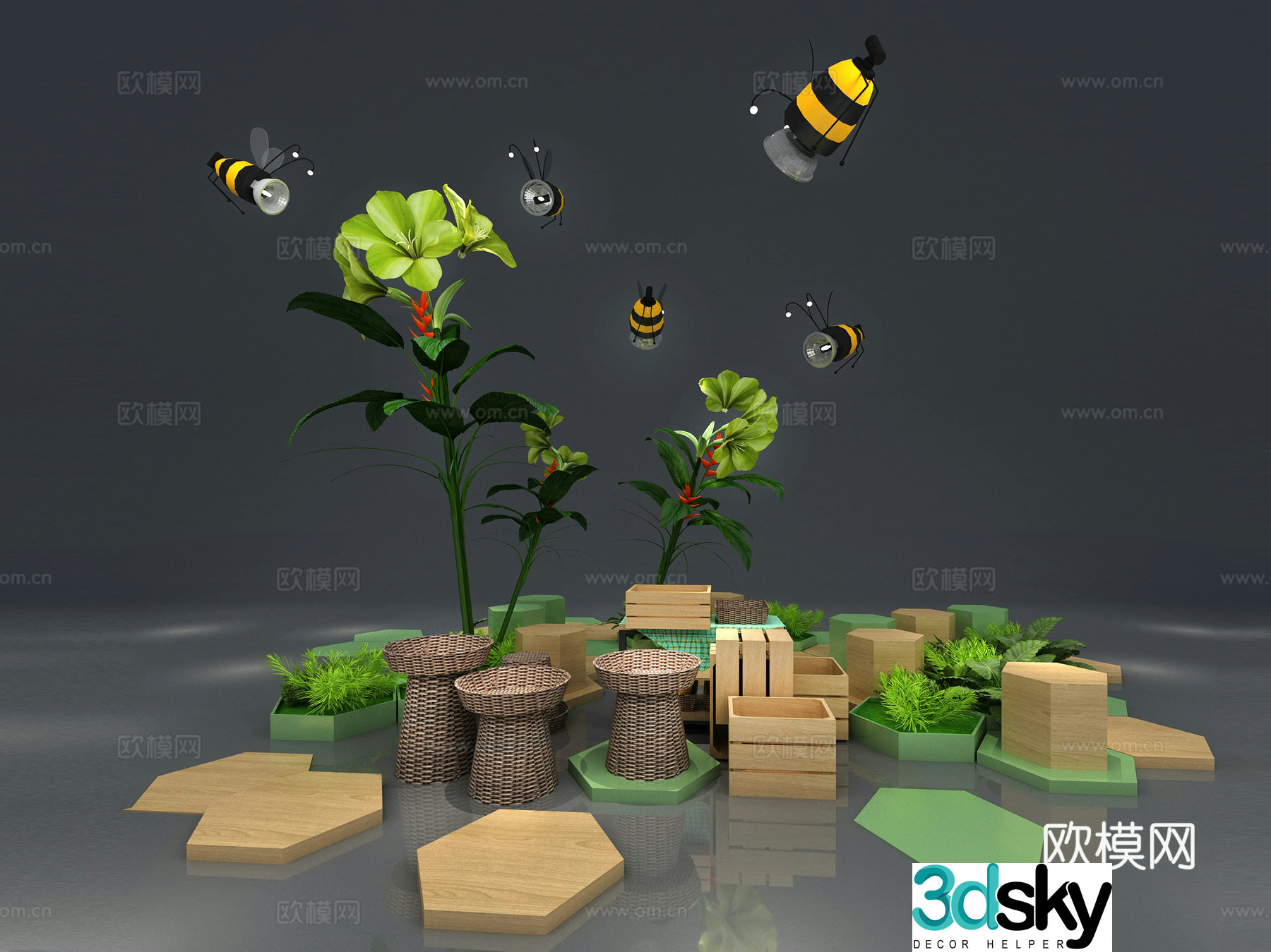 Bee flower bush beautiful 3D model