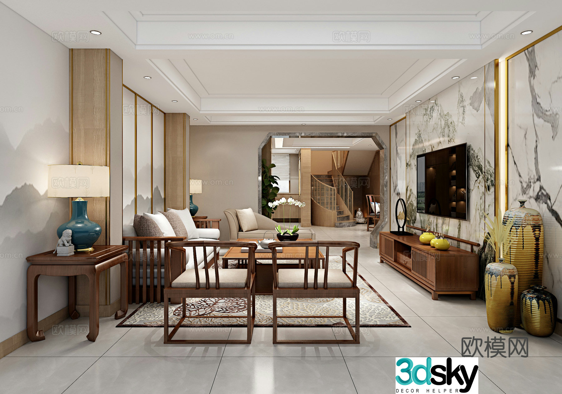 New Chinese style living and dining room 3D model