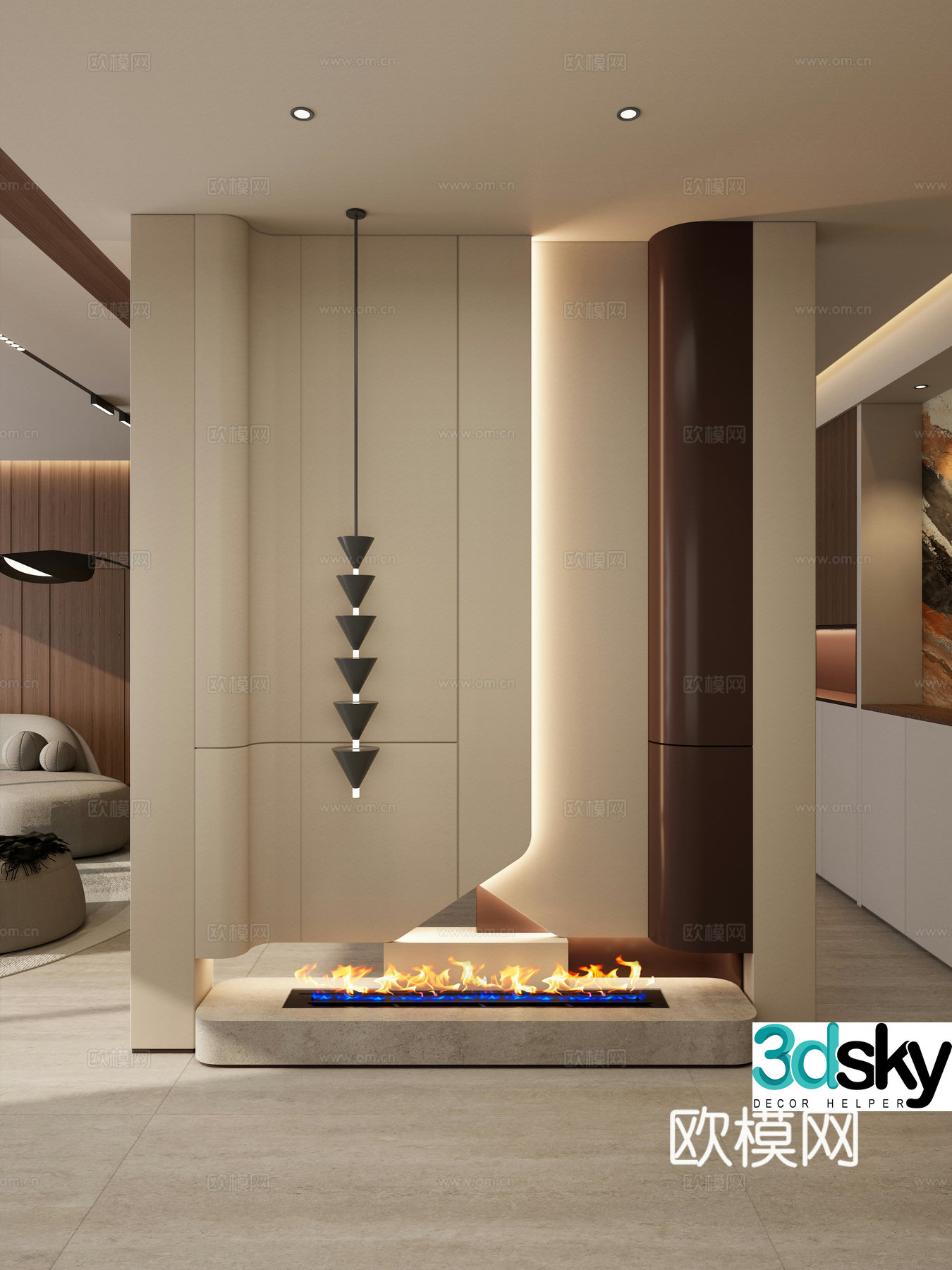 Italian style light luxury style geometric shape stacked conical chandelier partition end view entrance 3D model